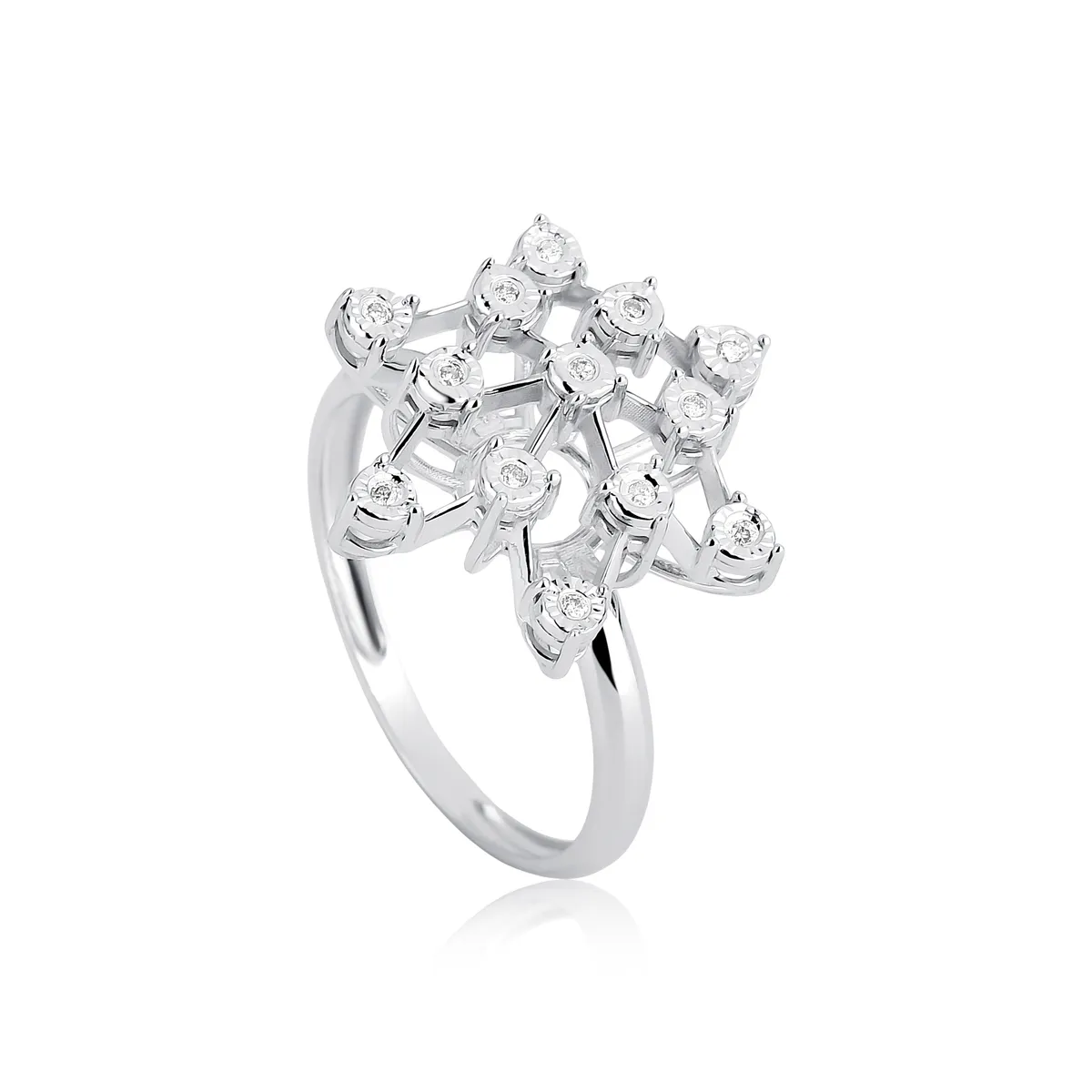 Anel estrela 6 pontas chuveiro de ouro branco 18k com 7pts de Diamantes