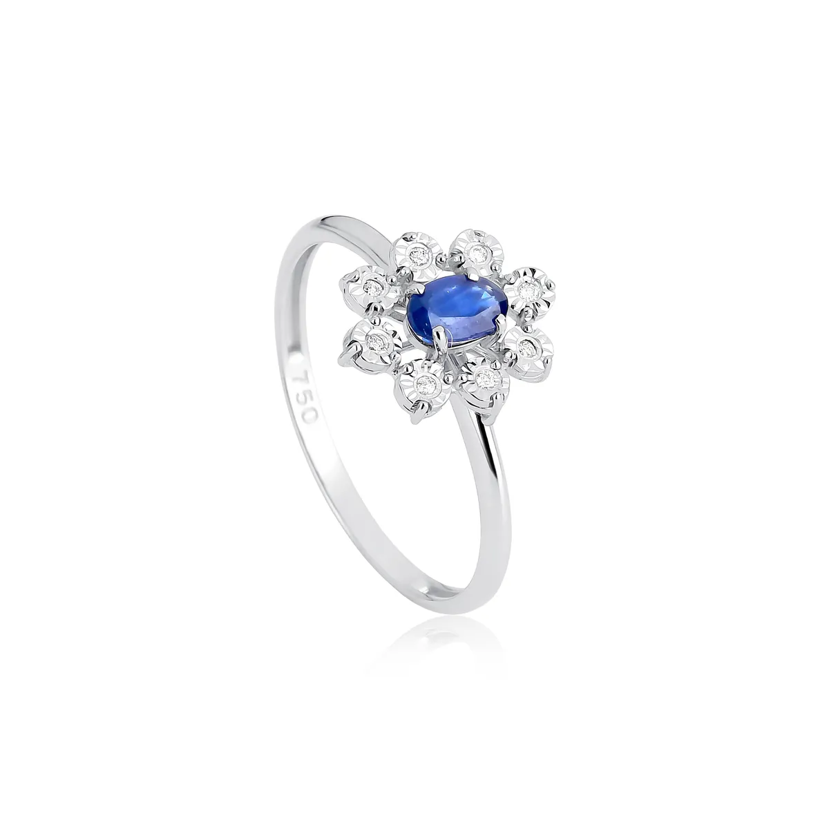 Anel Princess de Safira azul ouro branco 18k com 4pts de Diamantes
