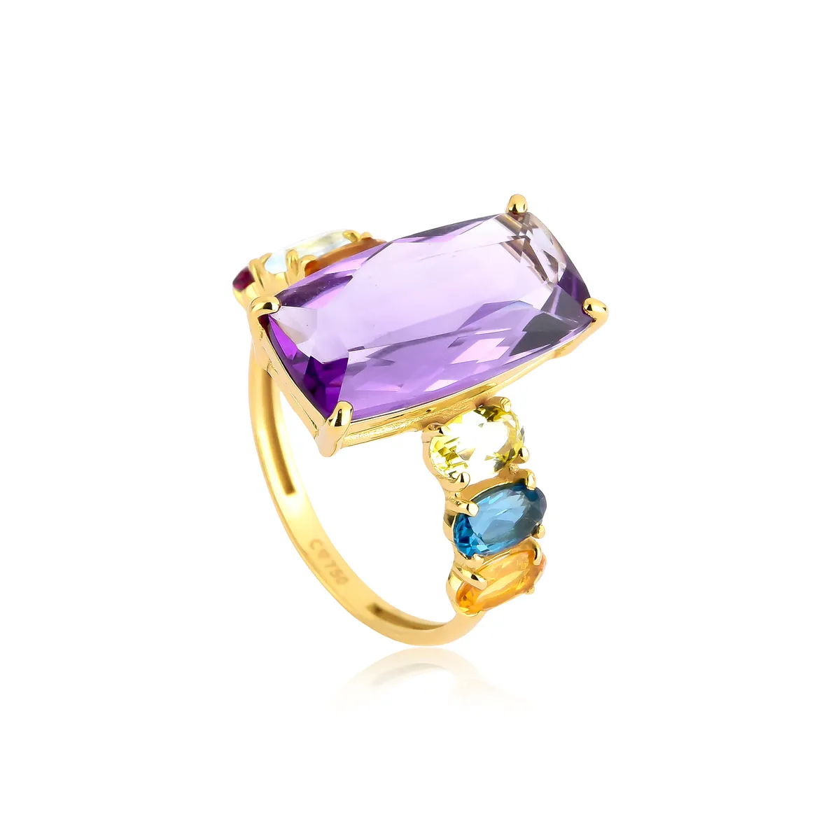 Anel de Ametista antique retangular com Gemas brasileiras ouro 18k Coleção Cocktail