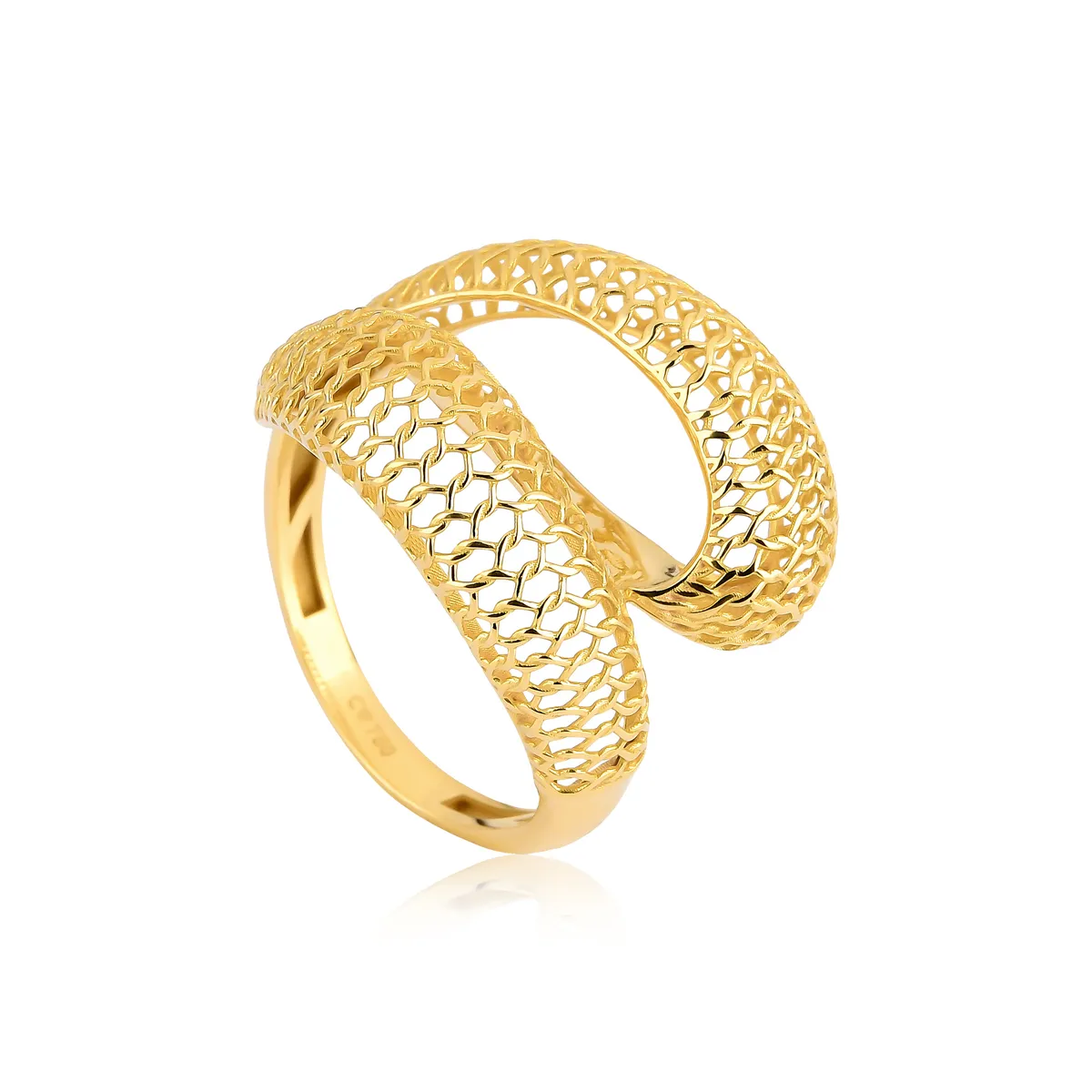 Anel ondulado vazado ouro 18k filigrana rendado polido