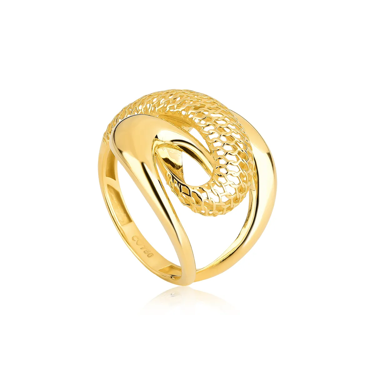 Anel aros polidos ouro 18k entrelaçados com aros em filigrana rendada