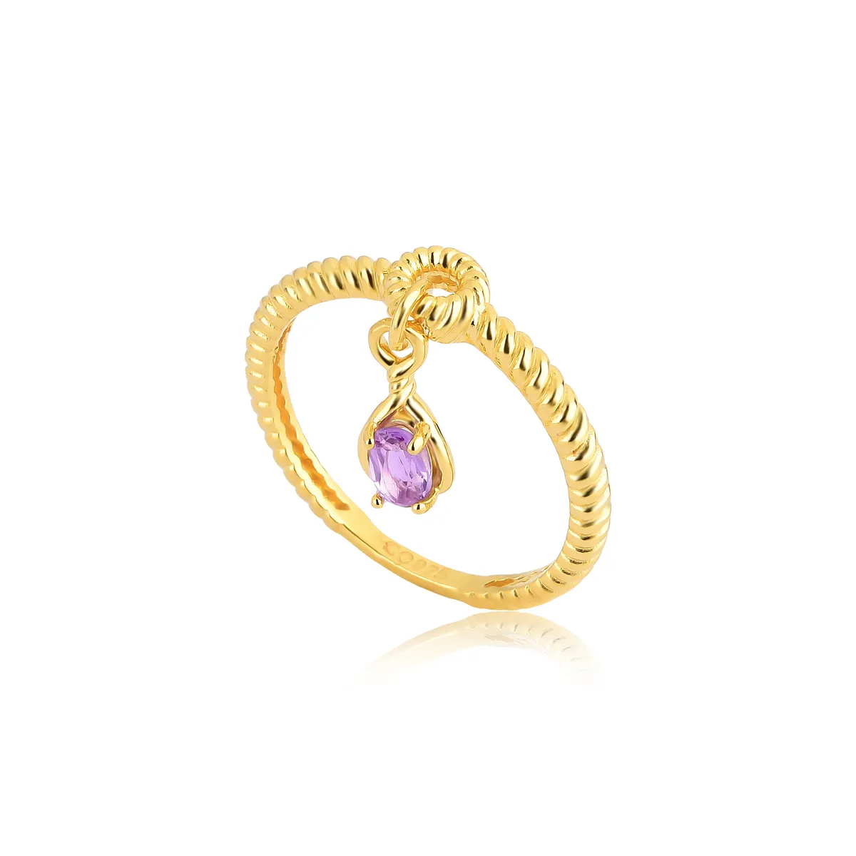 Anel trançado prata 925 dourada pingente oval de Ametista For me Tressé