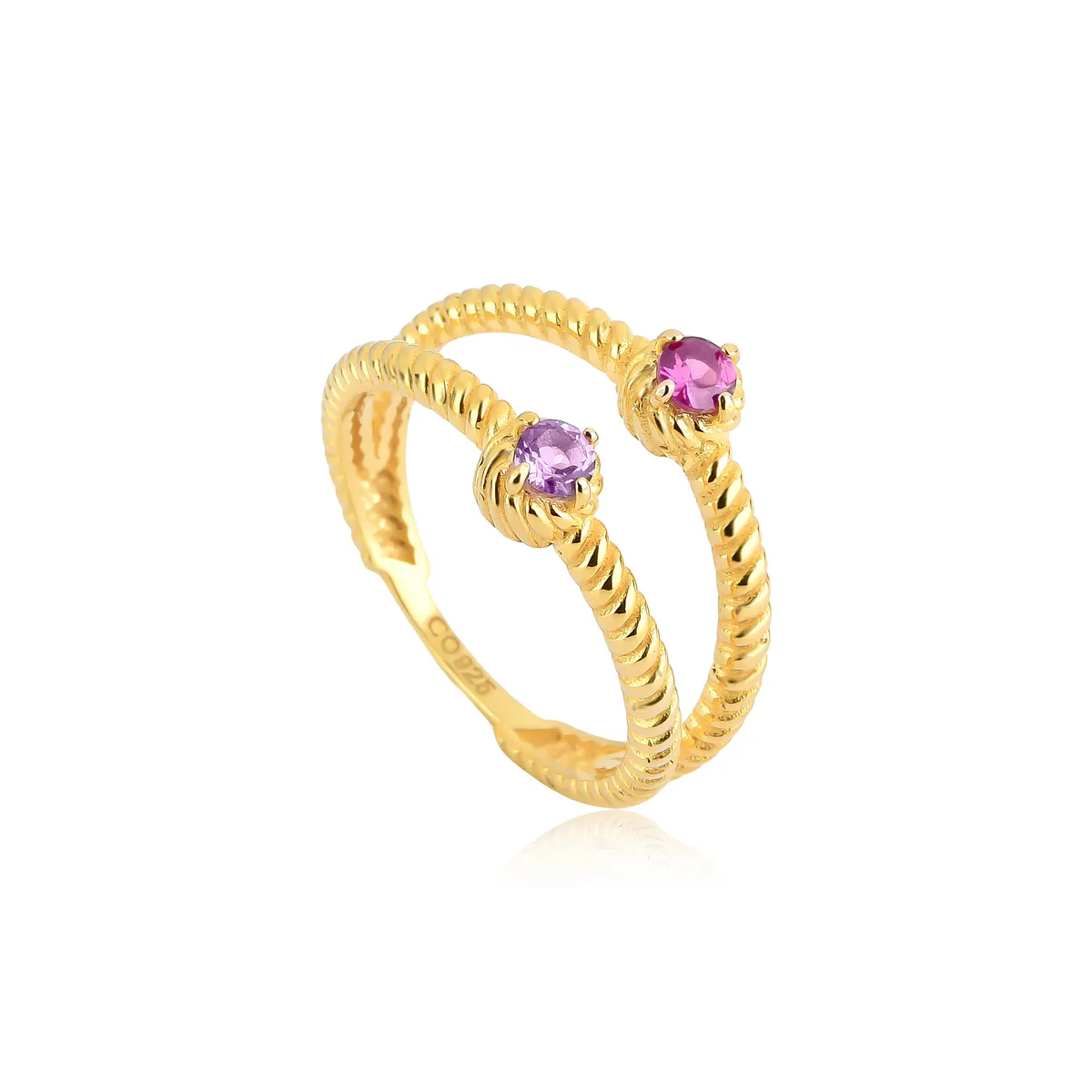 Anel aros trançados prata 925 dourada com Ametista e Rodolita For me Tressé
