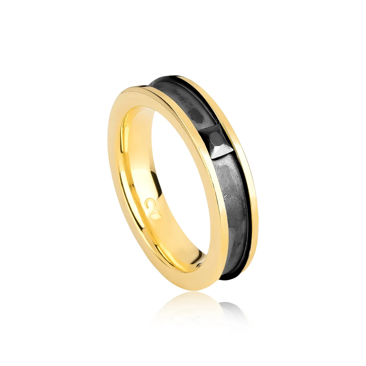 Aliança quadrada frisada prata 925 dourada com ródio negro e gema de Ônix