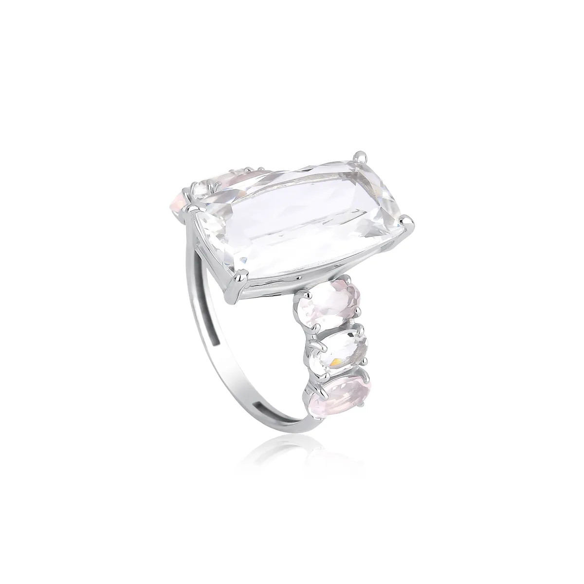 Anel de Cristal antique com Quartzo rosa ouro branco 18k Coleção Cocktail