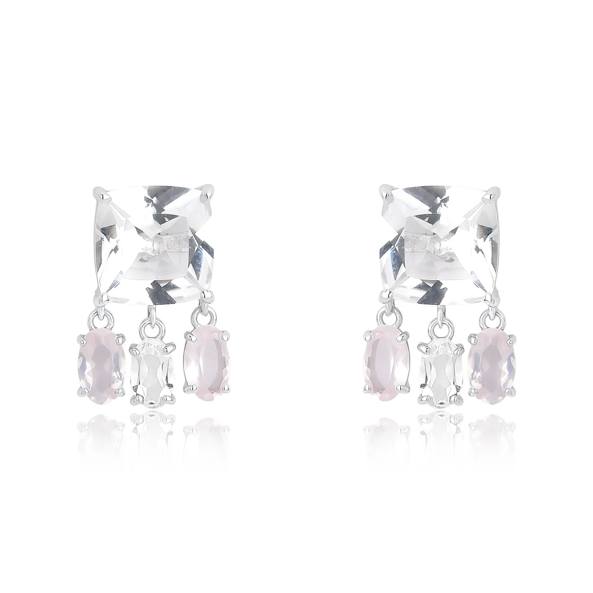 Brinco de Cristal antique com Quartzo rosa ouro branco 18k Coleção Cocktail