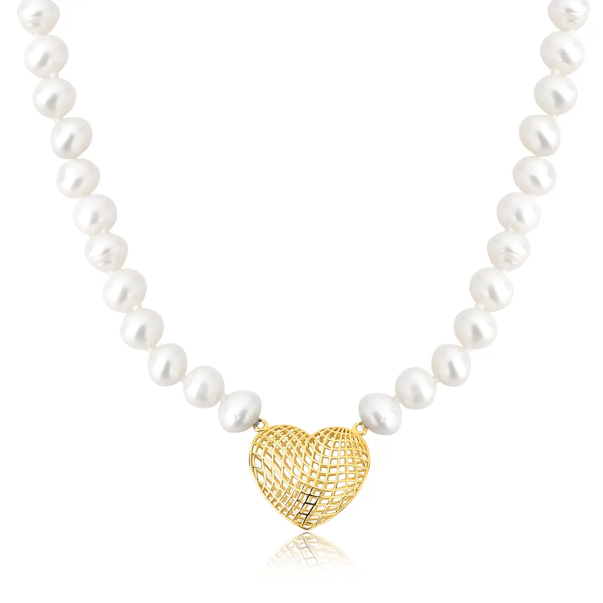 Gargantilha de Pérola Biwa ouro 18k com coração filigrana polido