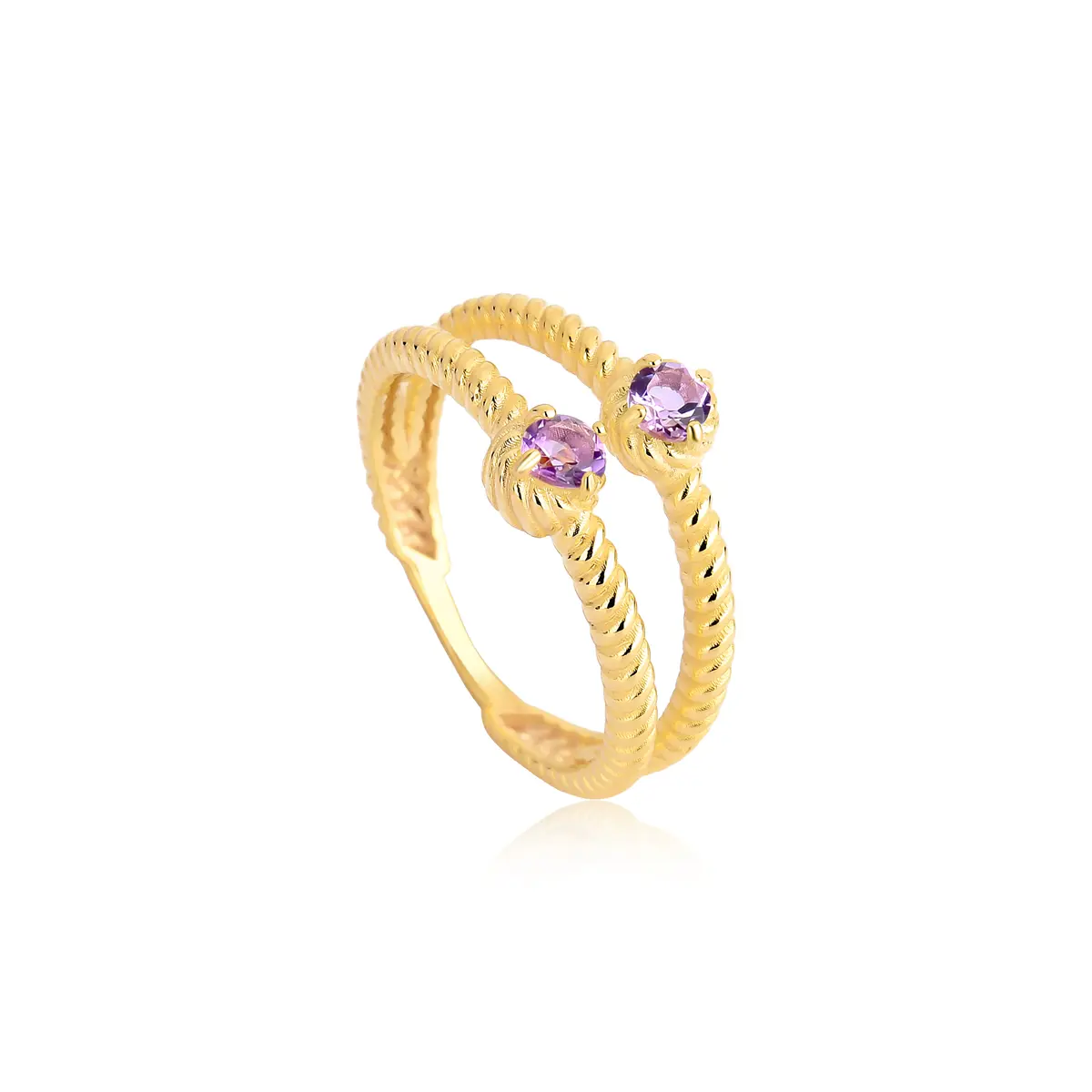 Anel dois aros trançados com gemas de Ametista prata 925 dourada For me Tressé