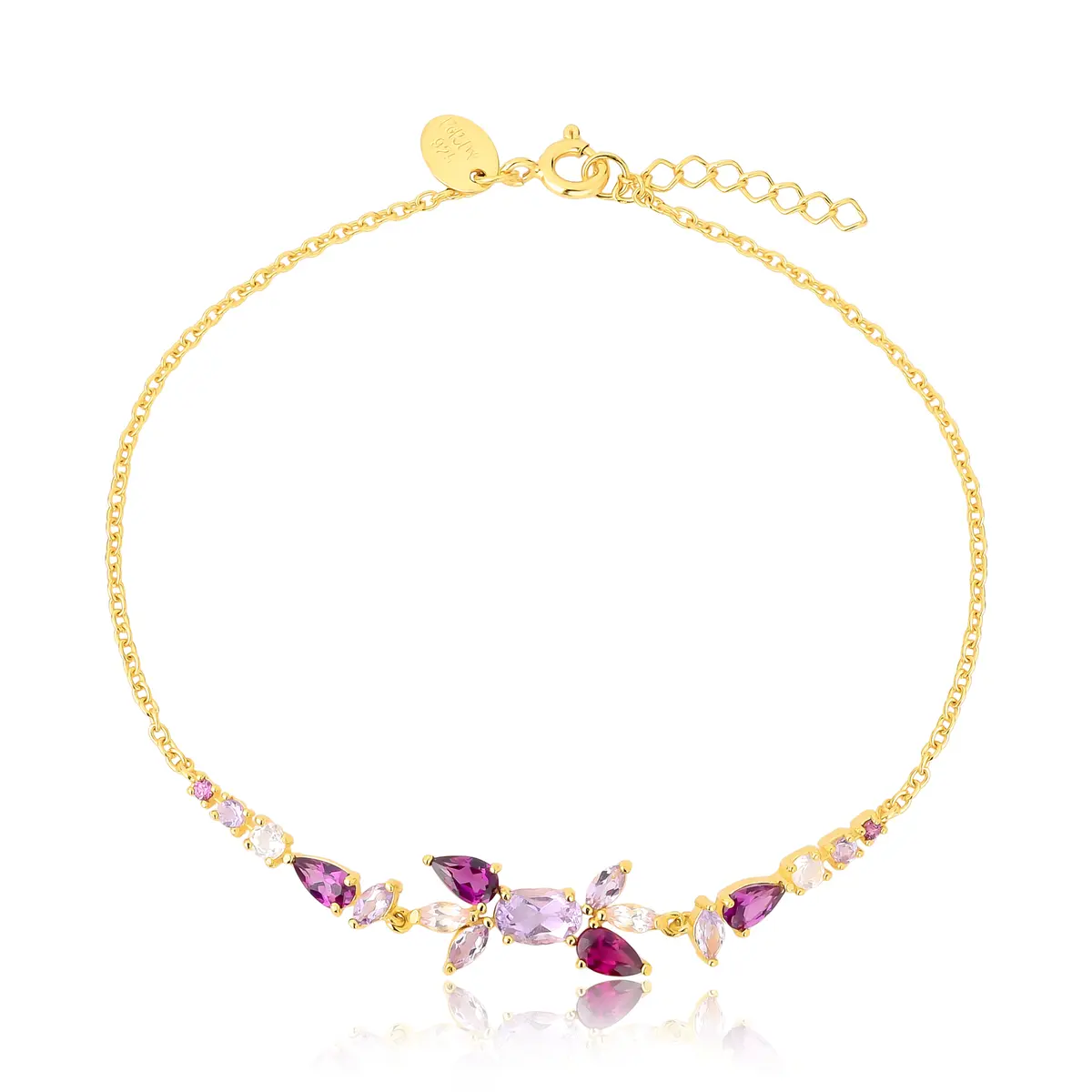 Pulseira ramo de Ametistas, Rodolitas e Quartzo rosa prata 925 dourada For me Princess