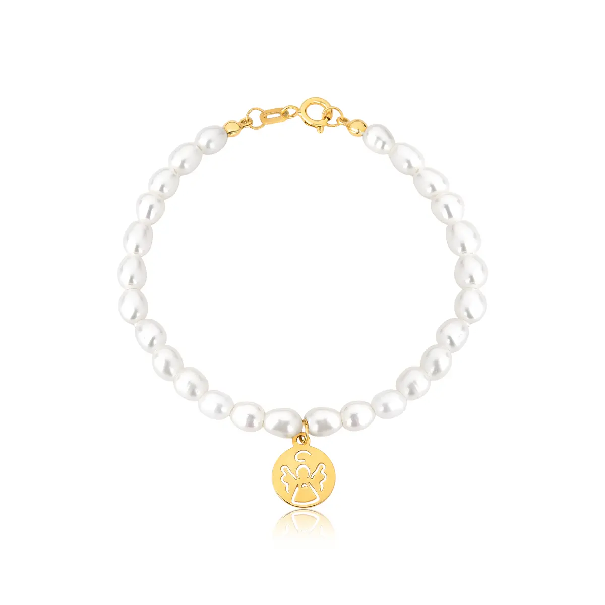 Pulseira de Pérola de arroz com pingente anjo ouro 18k redondo