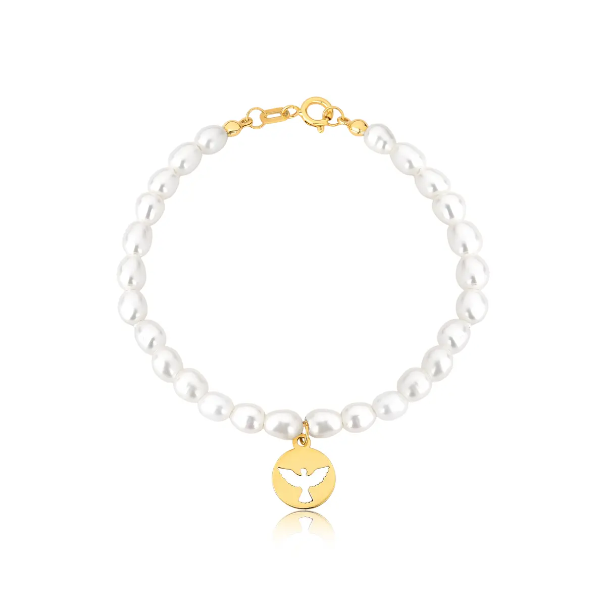 Pulseira de Pérola de arroz pingente Espírito Santo ouro 18k redondo