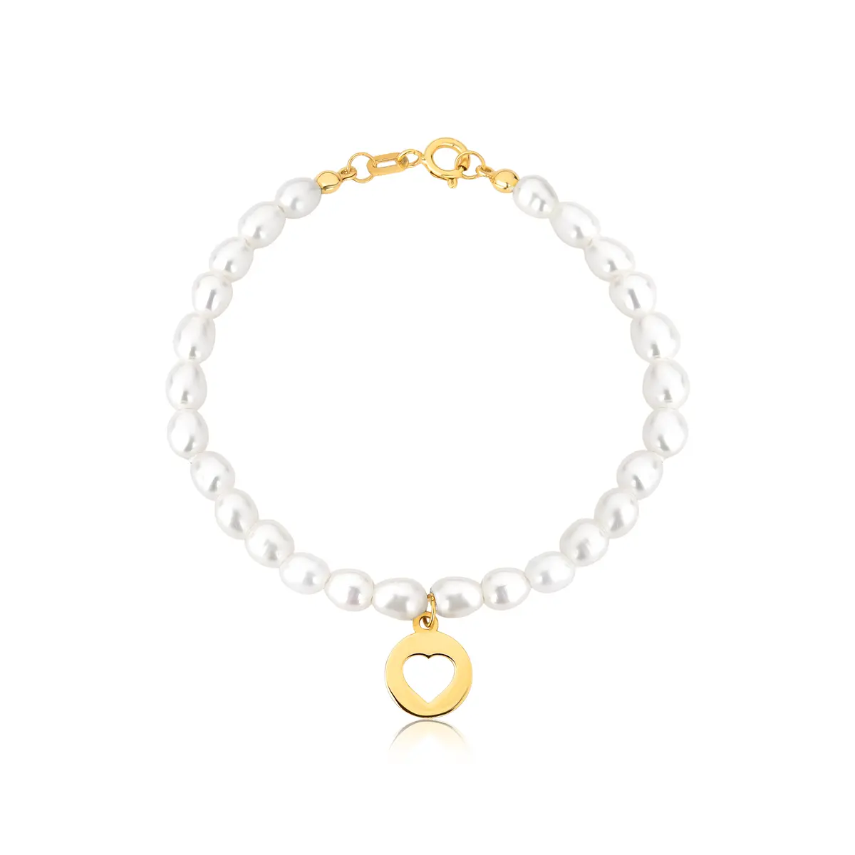 Pulseira de Pérola de arroz com pingente coração ouro 18k vazado