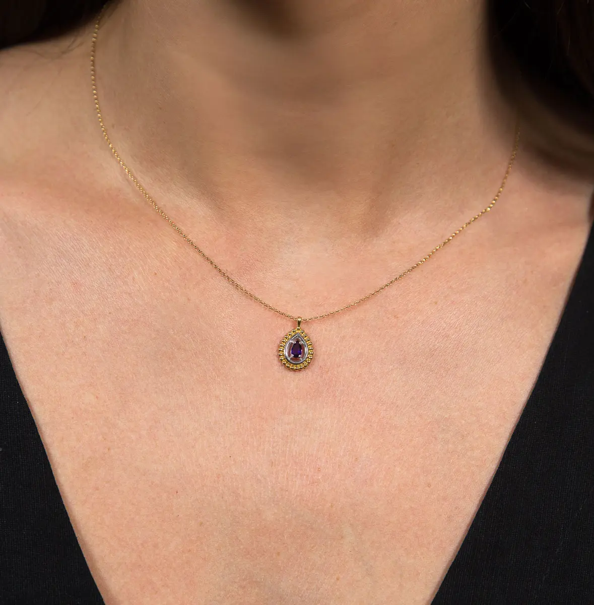 Gargantilha pingente ouro 18k gota de Ametista