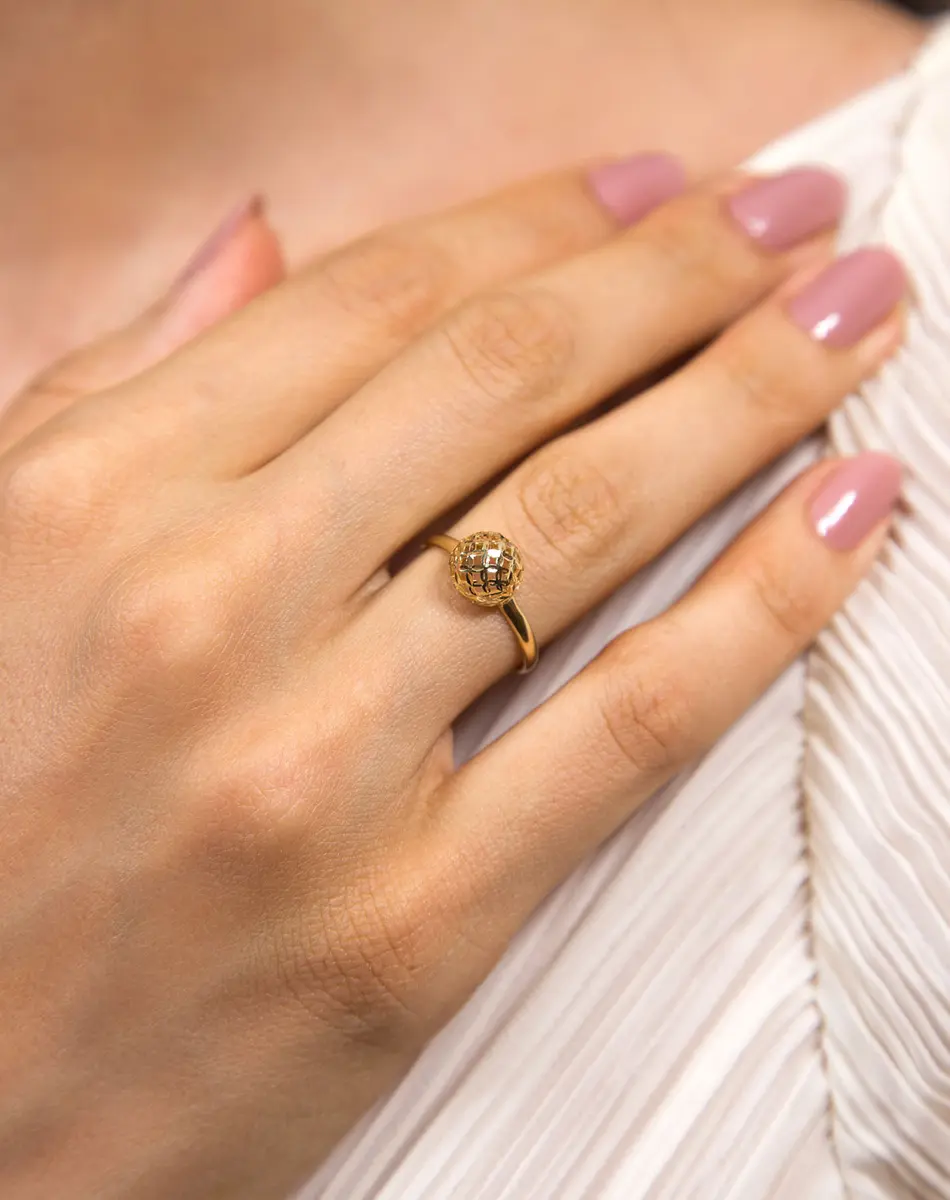 Anel esfera filigrana ouro 18k diamantada