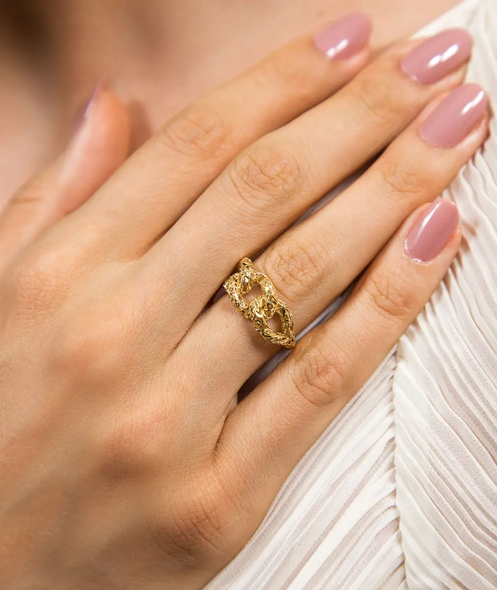 Anel três elos ouro 18k renda filigrana telado