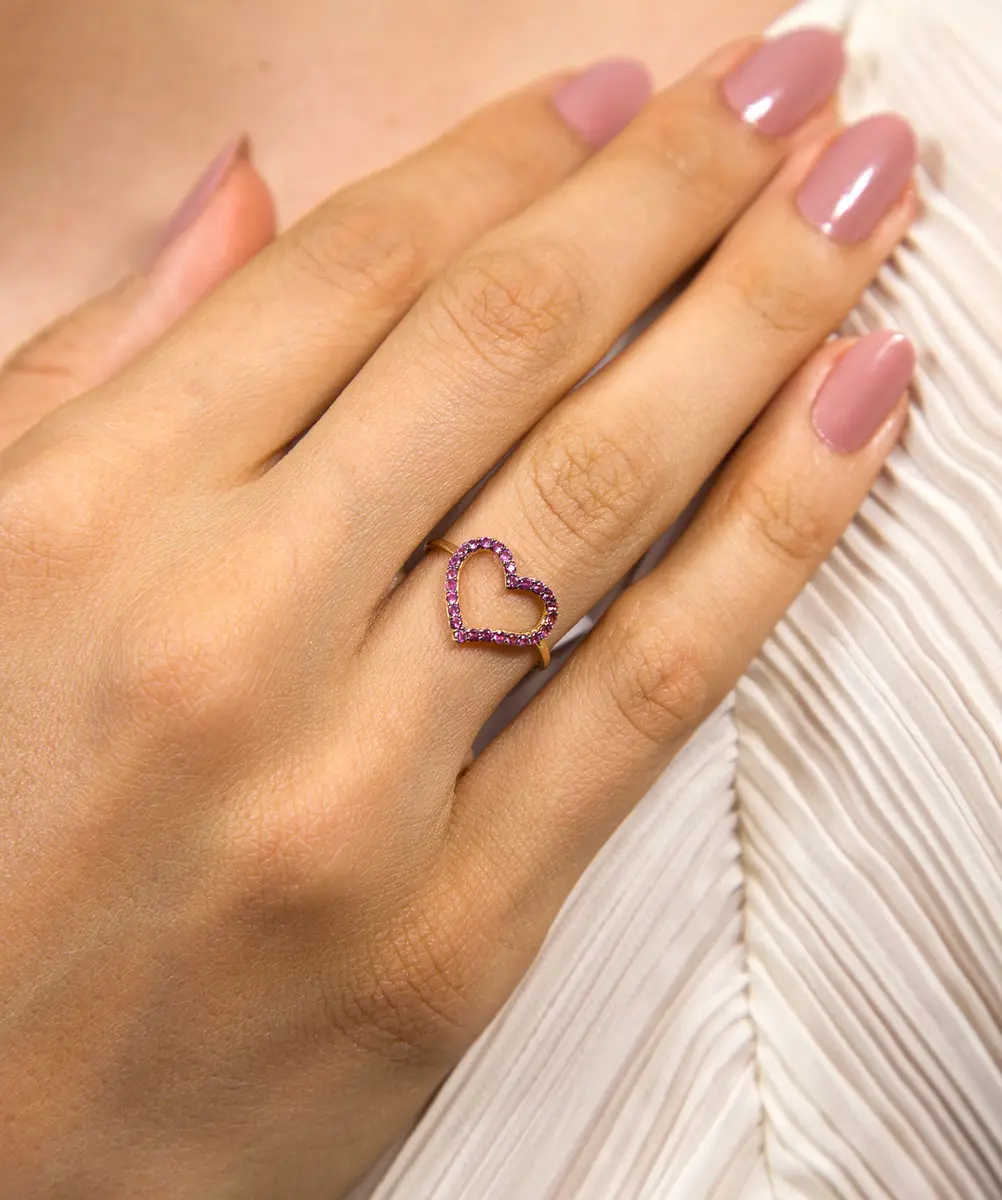 Anel coração vazado ouro 18k com Safiras rosas