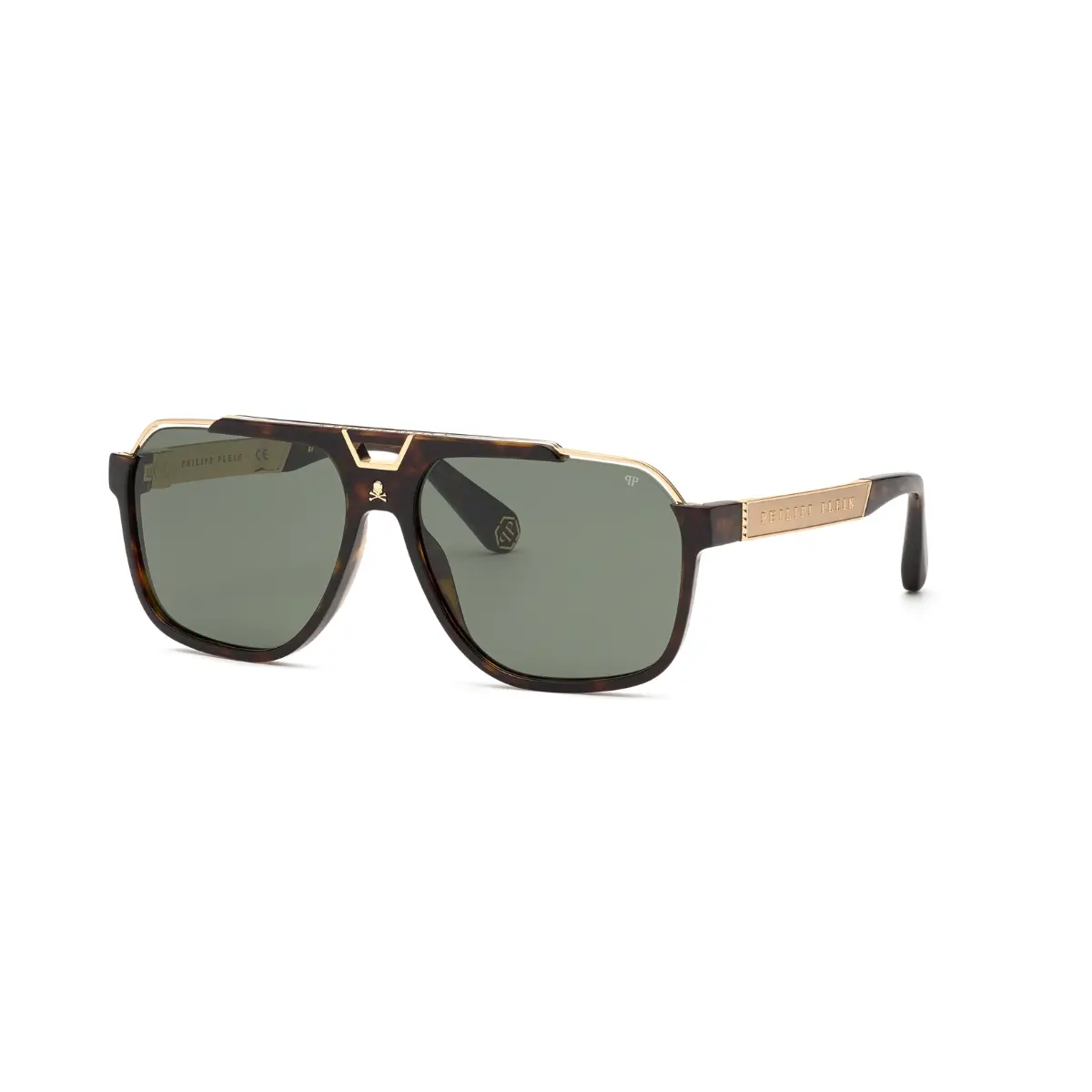 Óculos de Sol Philipp Plein SPP046V 610722 Metal e Acetato Dourado e Marrom Mesclado com lentes na cor Verde
