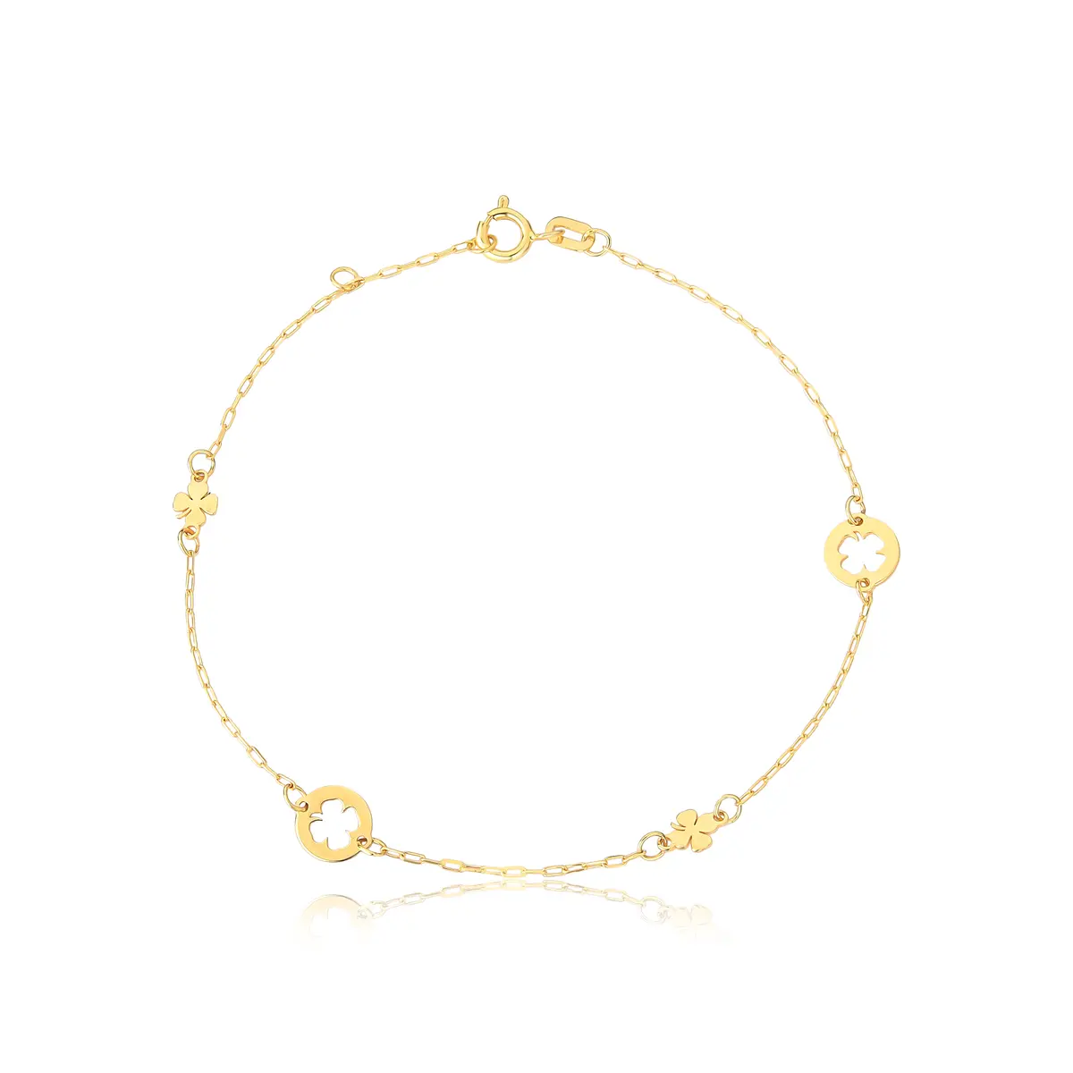 Pulseira elo cadeado ouro 18k com trevos polidos e vazados