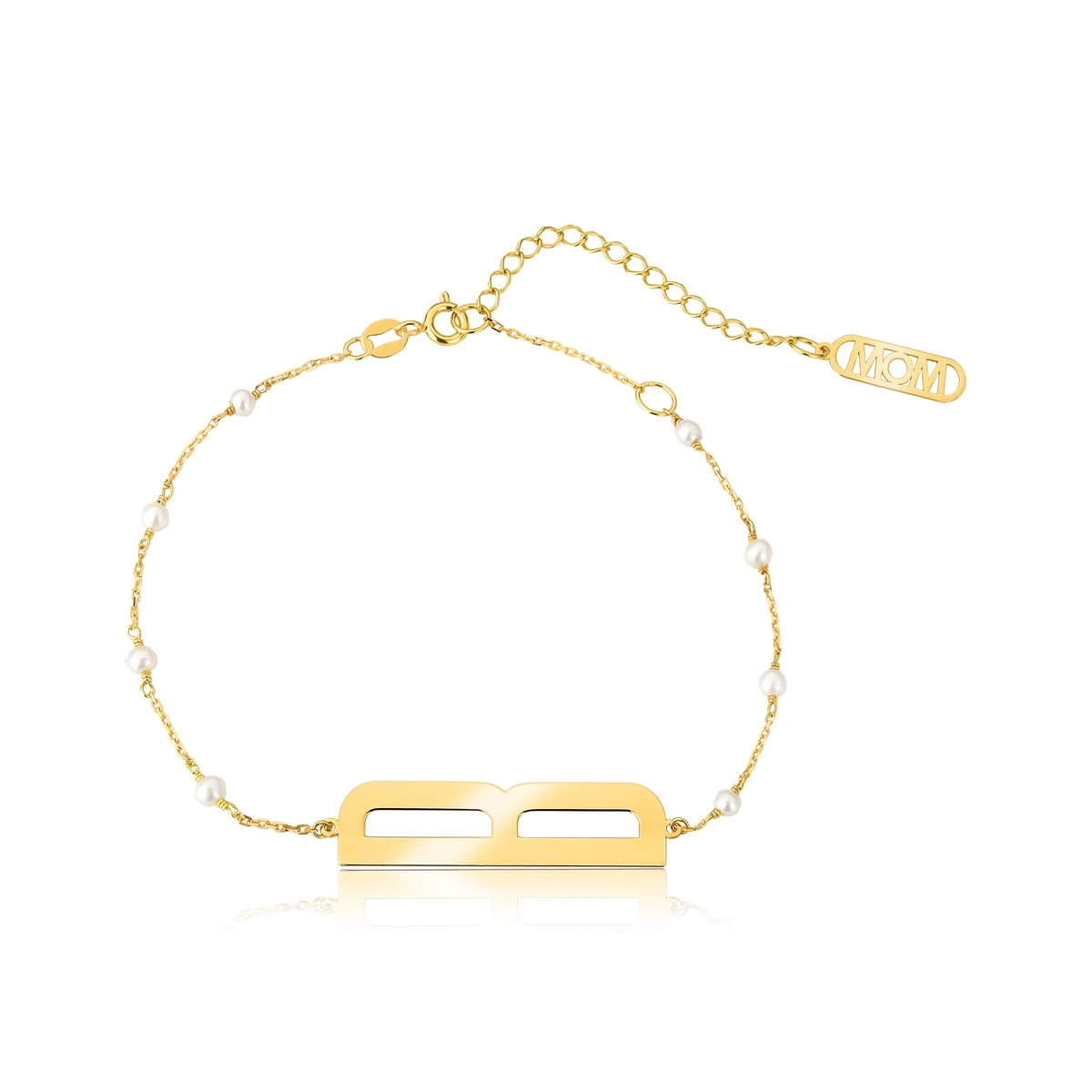 Pulseira Wow Mom letra "B" ouro 18k elo cadeado intercalado com Pérolas