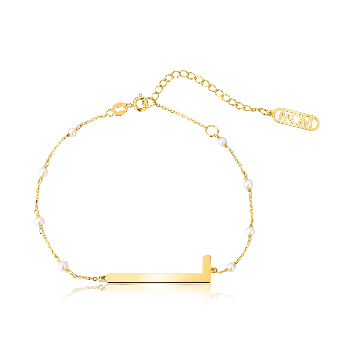 Pulseira Wow Mom letra "L" ouro 18k elo cadeado intercalado com Pérolas