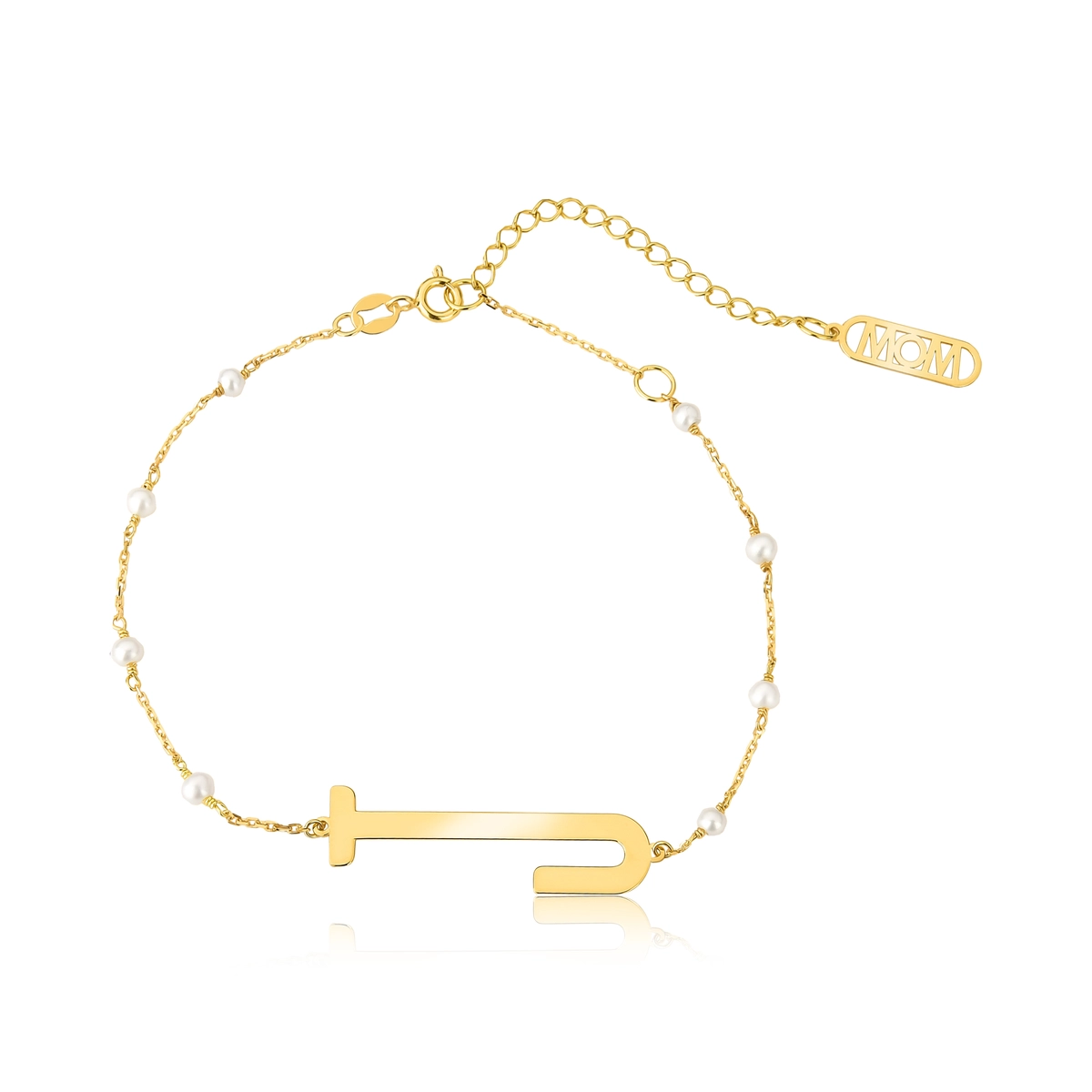 Pulseira Wow Mom letra "J" ouro 18k elo cadeado intercalado com Pérolas
