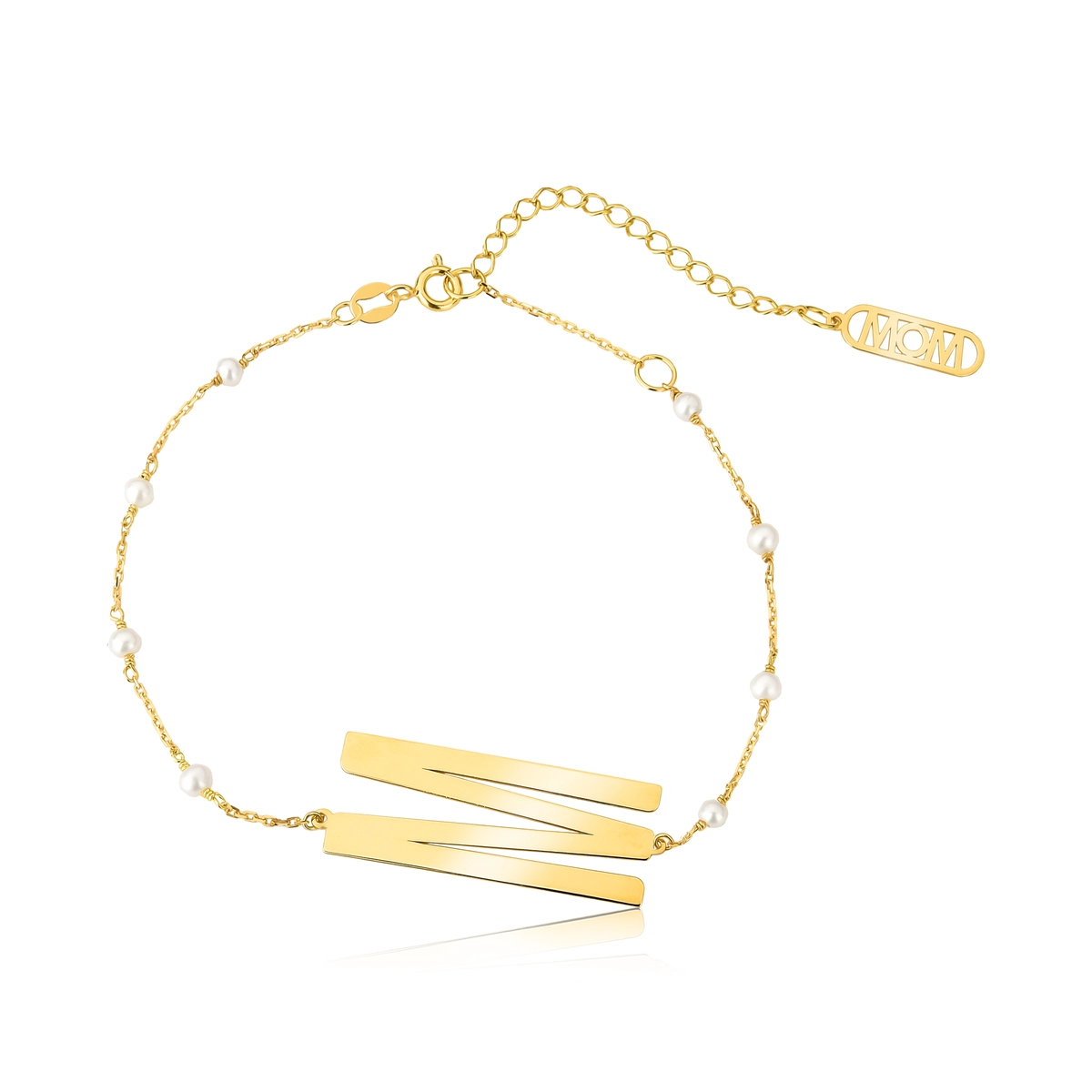 Pulseira Wow Mom letra "M" ouro 18k elo cadeado intercalado com Pérolas