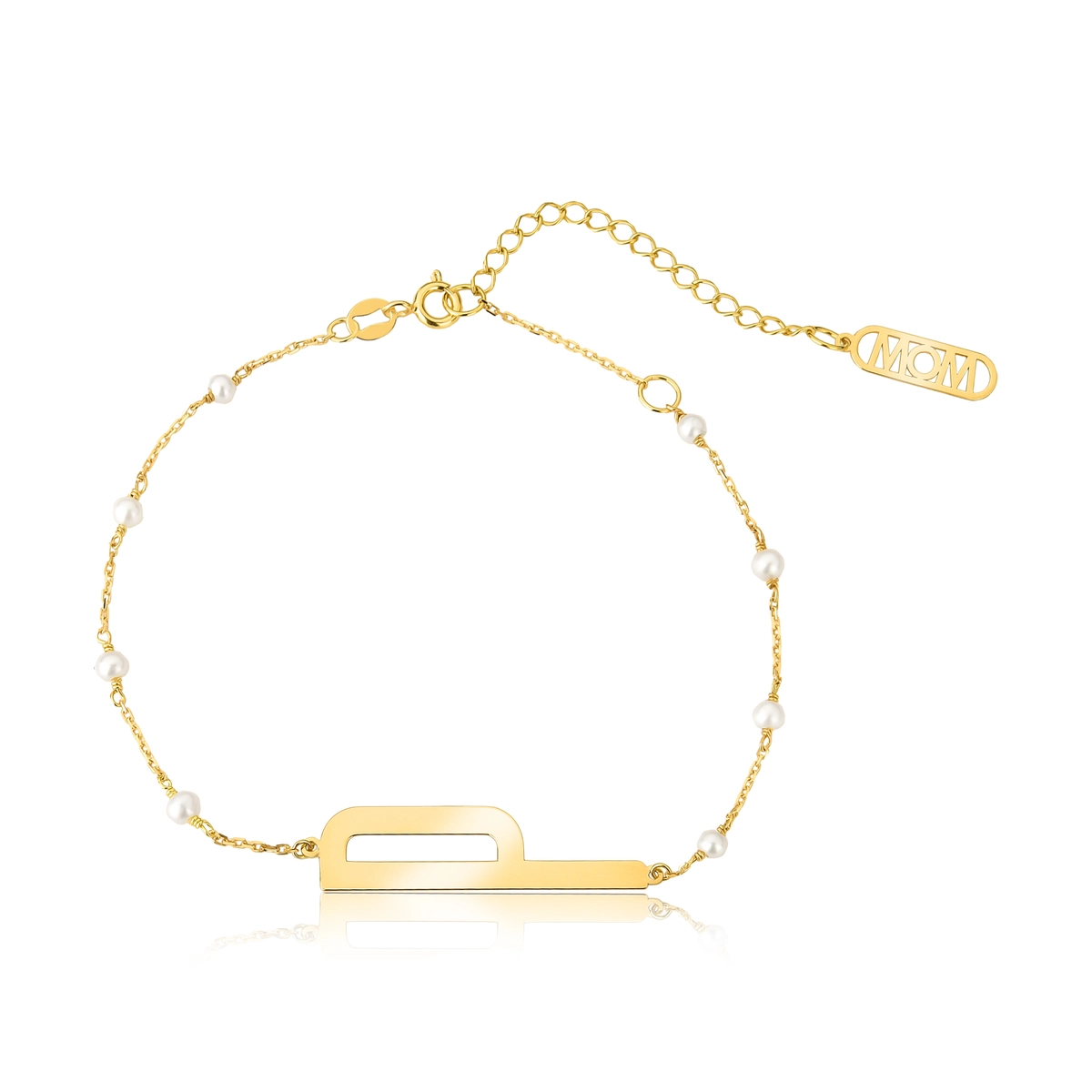 Pulseira Wow Mom letra "P" ouro 18k elo cadeado intercalado com Pérolas