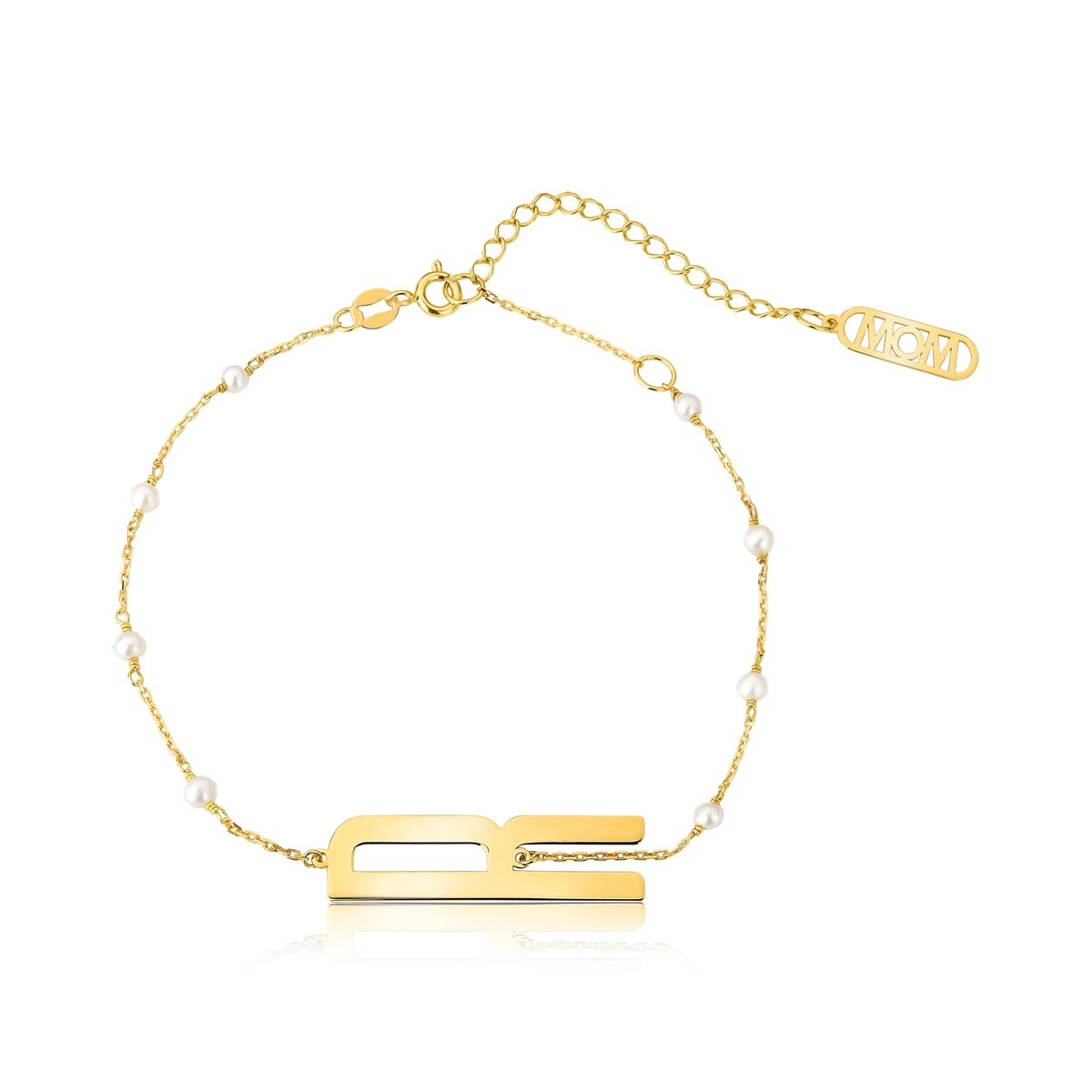 Pulseira Wow Mom letra "R" ouro 18k elo cadeado intercalado com Pérolas