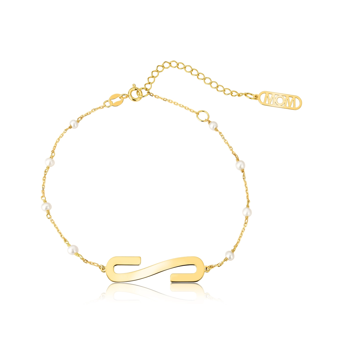 Pulseira Wow Mom letra "S" ouro 18k elo cadeado intercalado com Pérolas