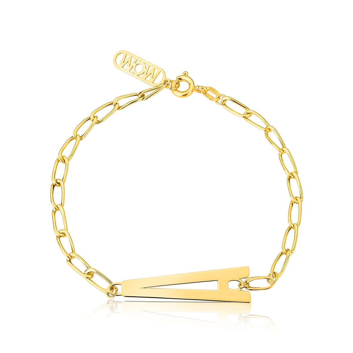 Pulseira Wow Mom elo Groumet ouro 18k letra "A" e placa "MOM"