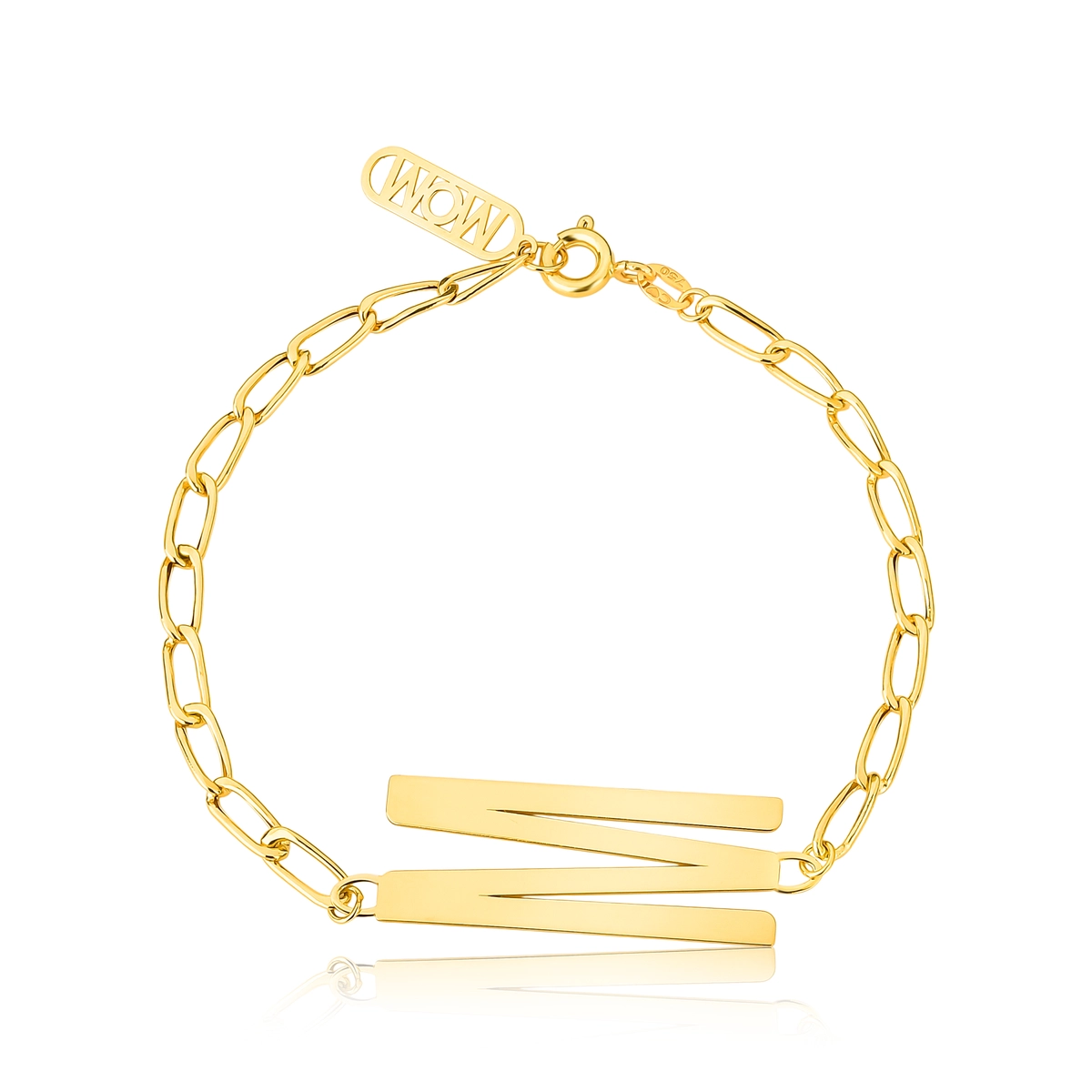 Pulseira Wow Mom elo Groumet ouro 18k letra "M" e placa "MOM"