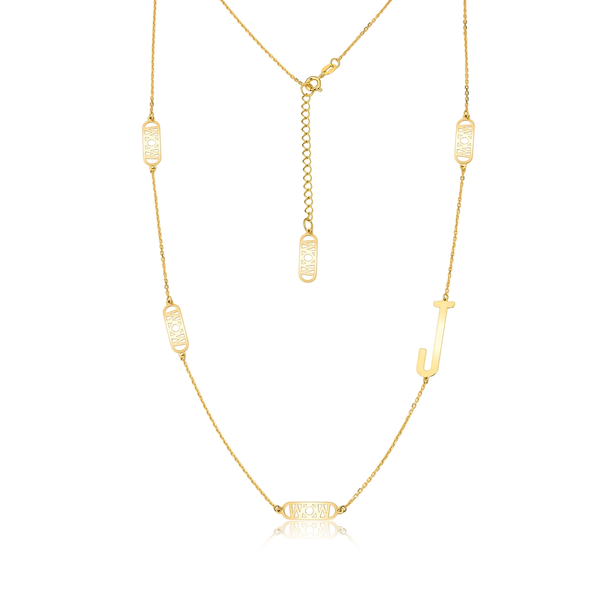 Gargantilha Wow Mom corrente ouro 18k com pingente letra "J" e placas "MOM"