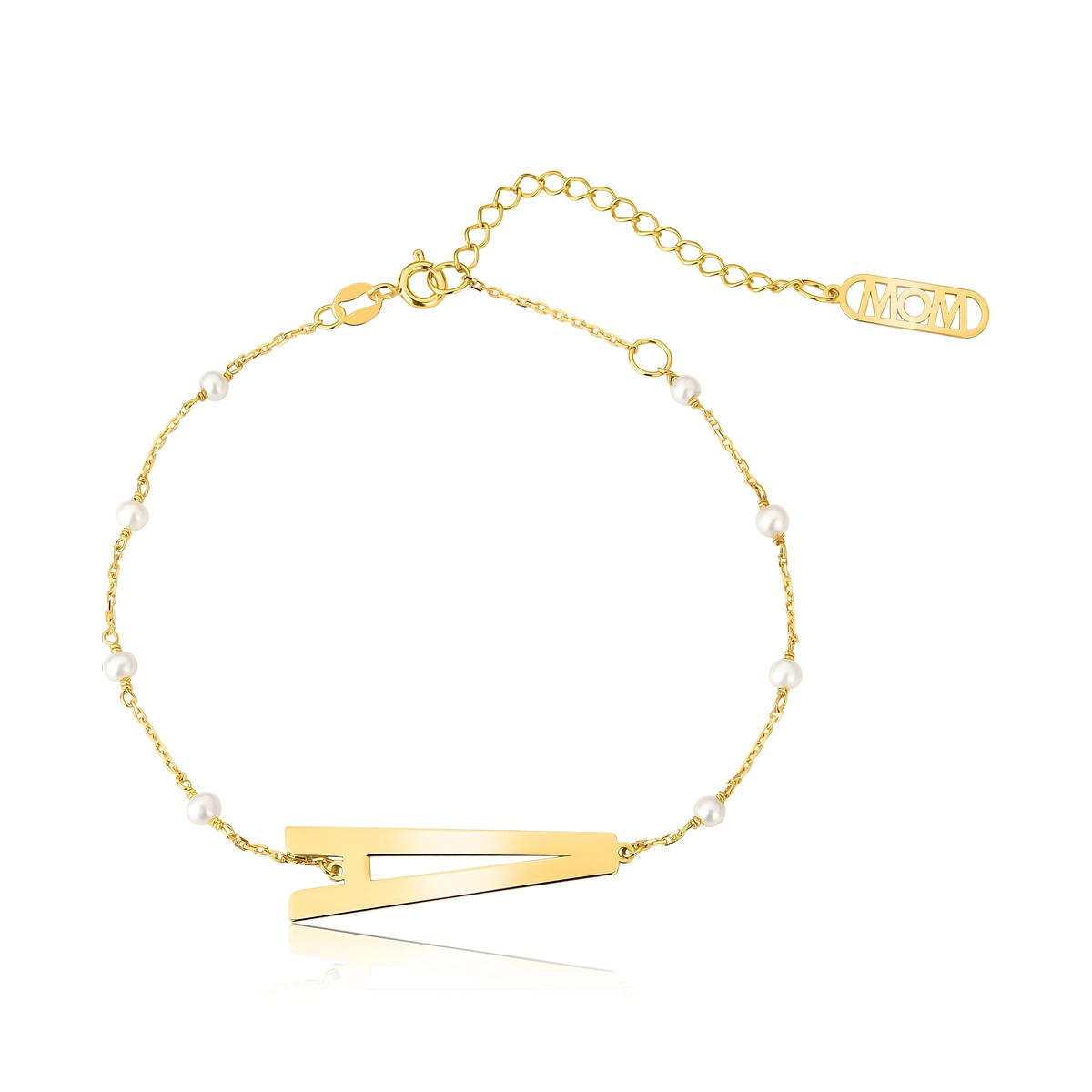 Pulseira Wow Mom letra "A" ouro 18k elo cadeado intercalado com Pérolas