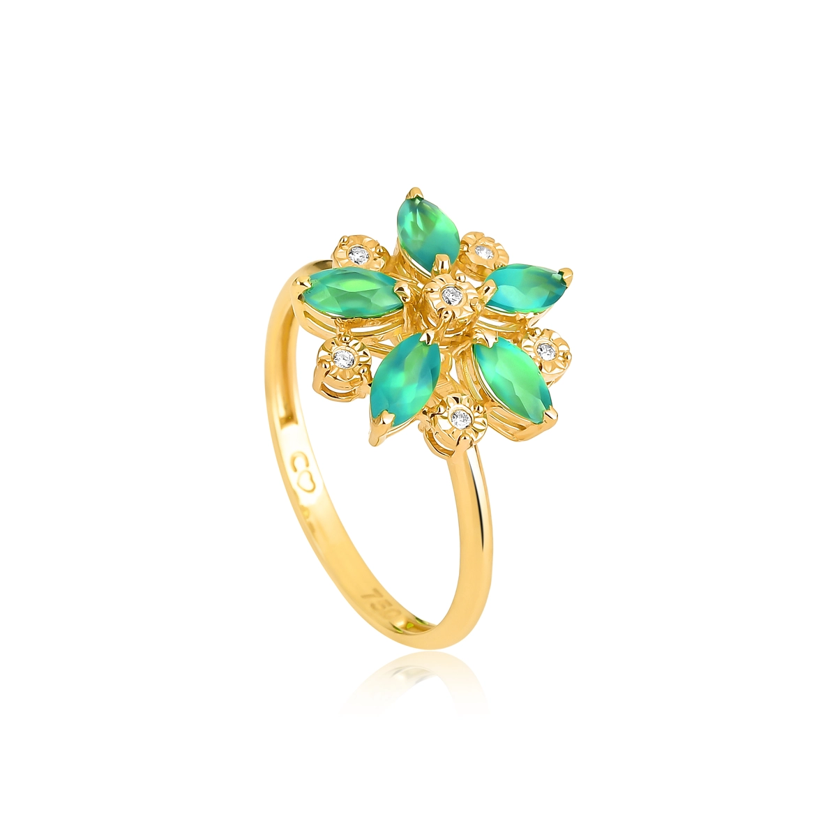 Anel flor ouro 18k navetes de Crisoprásio e Diamantes