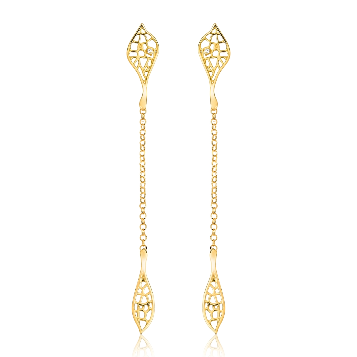 Brinco Rosée pingente folhas ouro 18k tramas orgânicas vazadas com Diamante