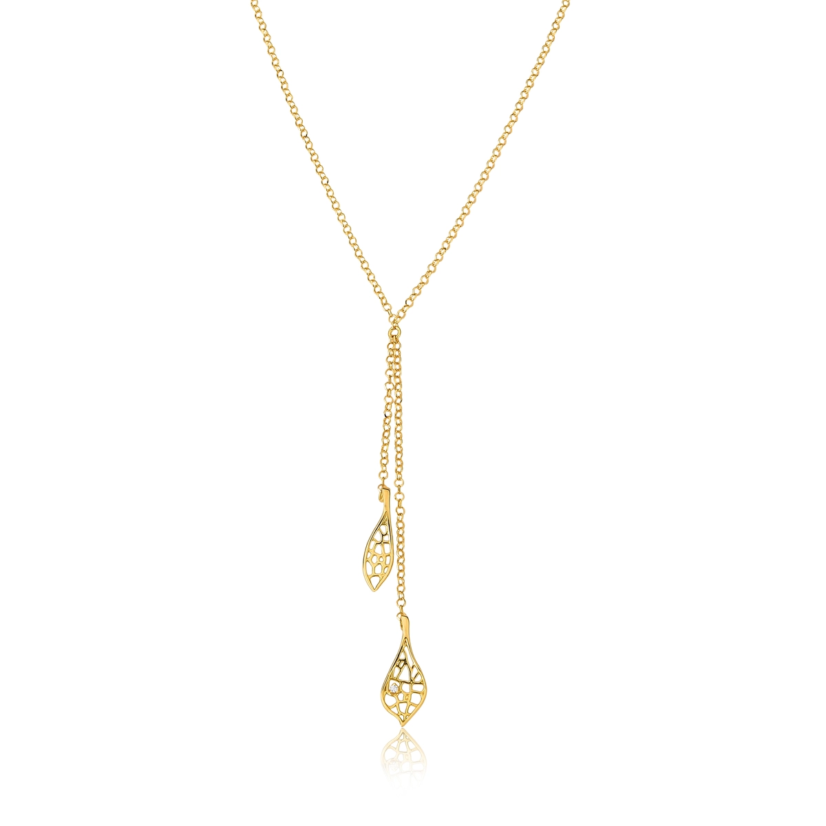 Gargantilha gravatinha Rosée ouro 18k pingente folhas tramas orgânicas com Diamante