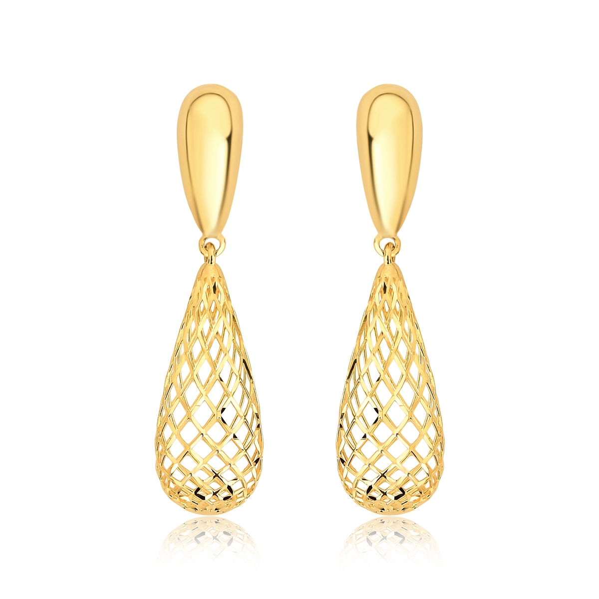 Brinco pingente gotas ouro 18k lisa e telada