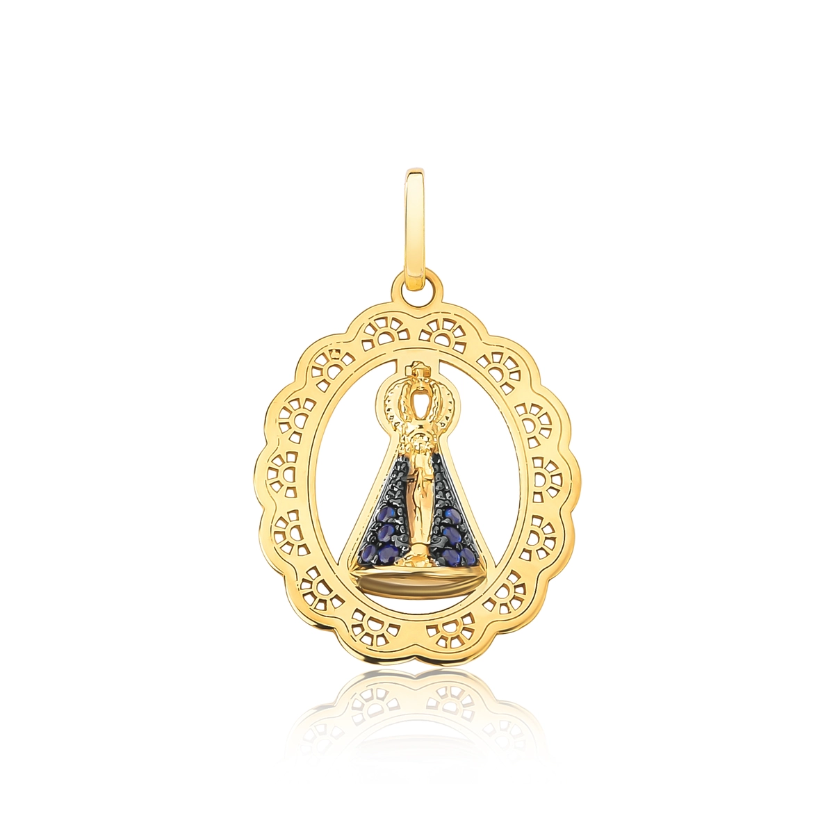 Pingente medalha N.S. Aparecida ouro 18k com Zircônias azuis