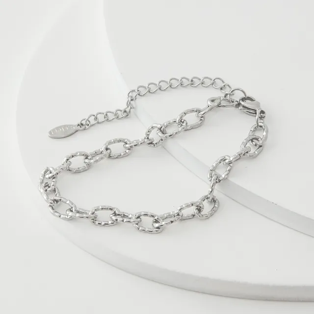 Pulseira Corrente Detalhada em Aço Inoxidável Prata