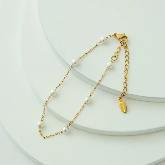 Pulseira Dourada Bolinhas de Pérolas em Aço Inoxidável