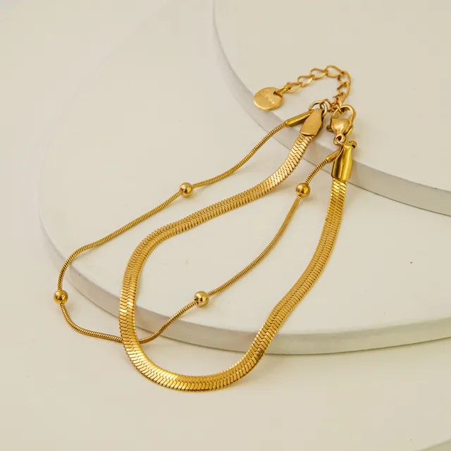 Pulseira Dourada Dupla Fita e Fio c/ Bolinhas em Aço Inoxidável