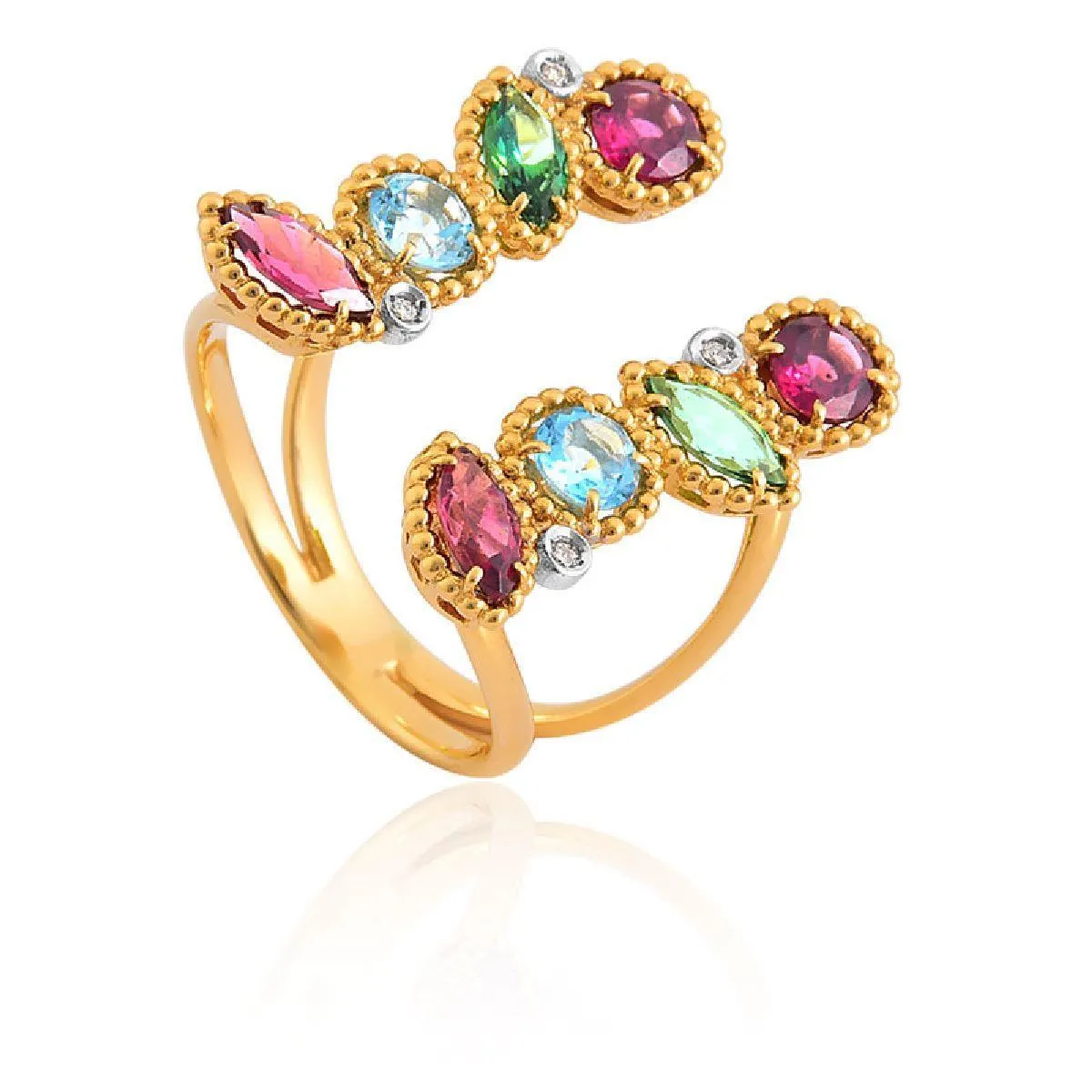 Anel de Ouro 18k com Diamante, Rodolita, Crisoprásio e Topázio