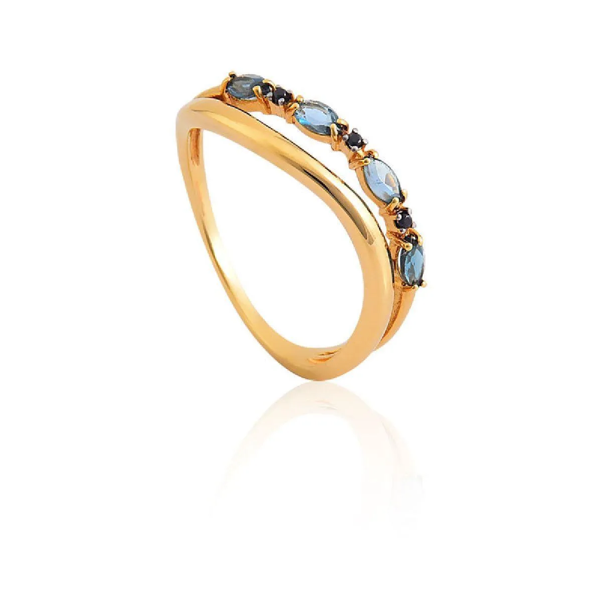 Anel ondulado dois aros ouro 18k com Topázios London e Espinélios negros