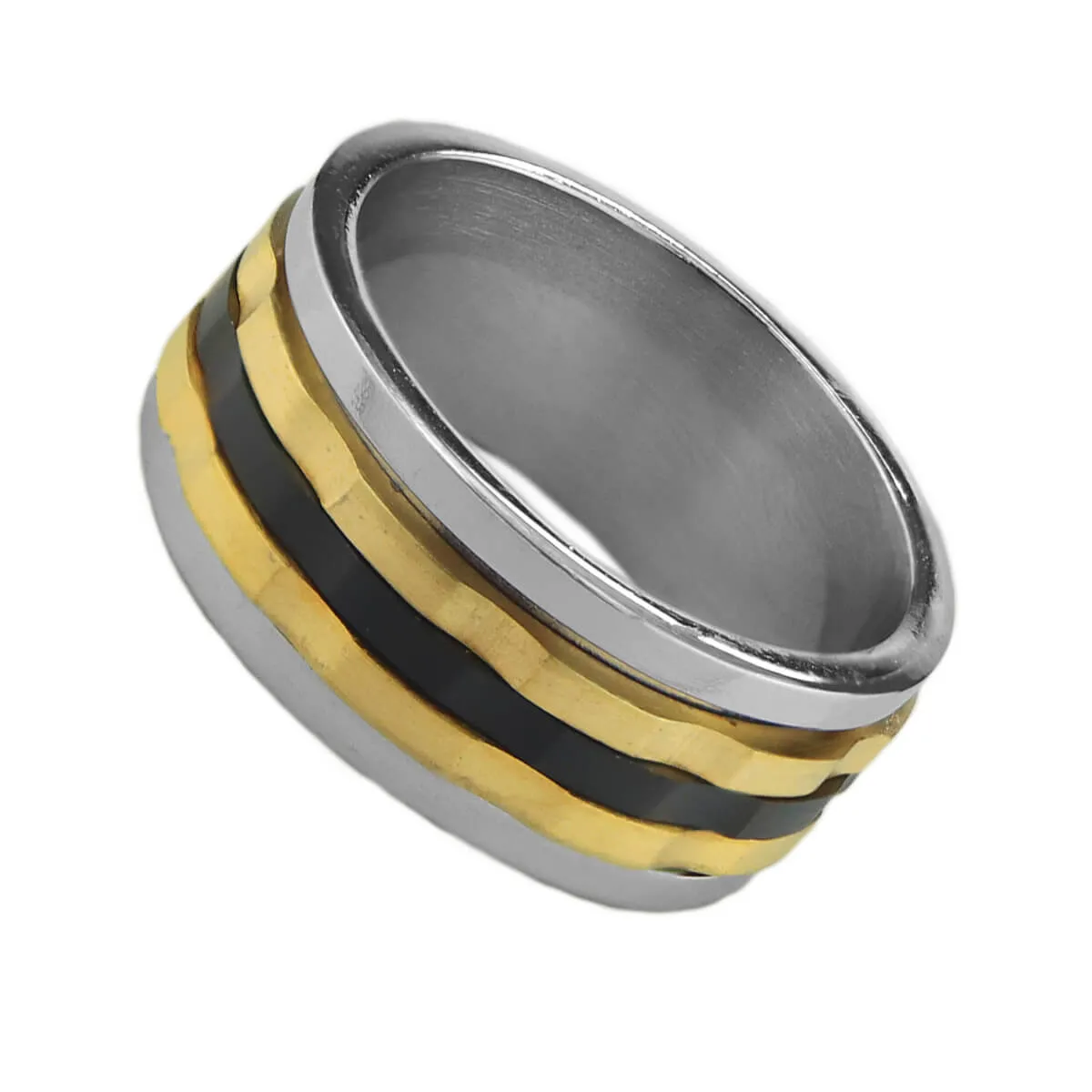 Anel Masculino Aço Inoxidável Detalhes Linhas Douradas e Preta