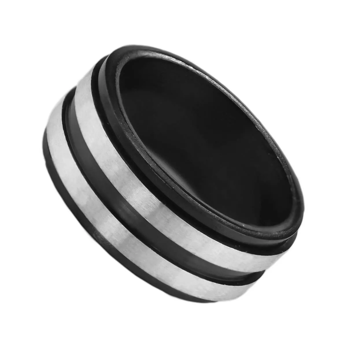 Anel Masculino Aço Inoxidável Preto Detalhes Linhas Prateadas