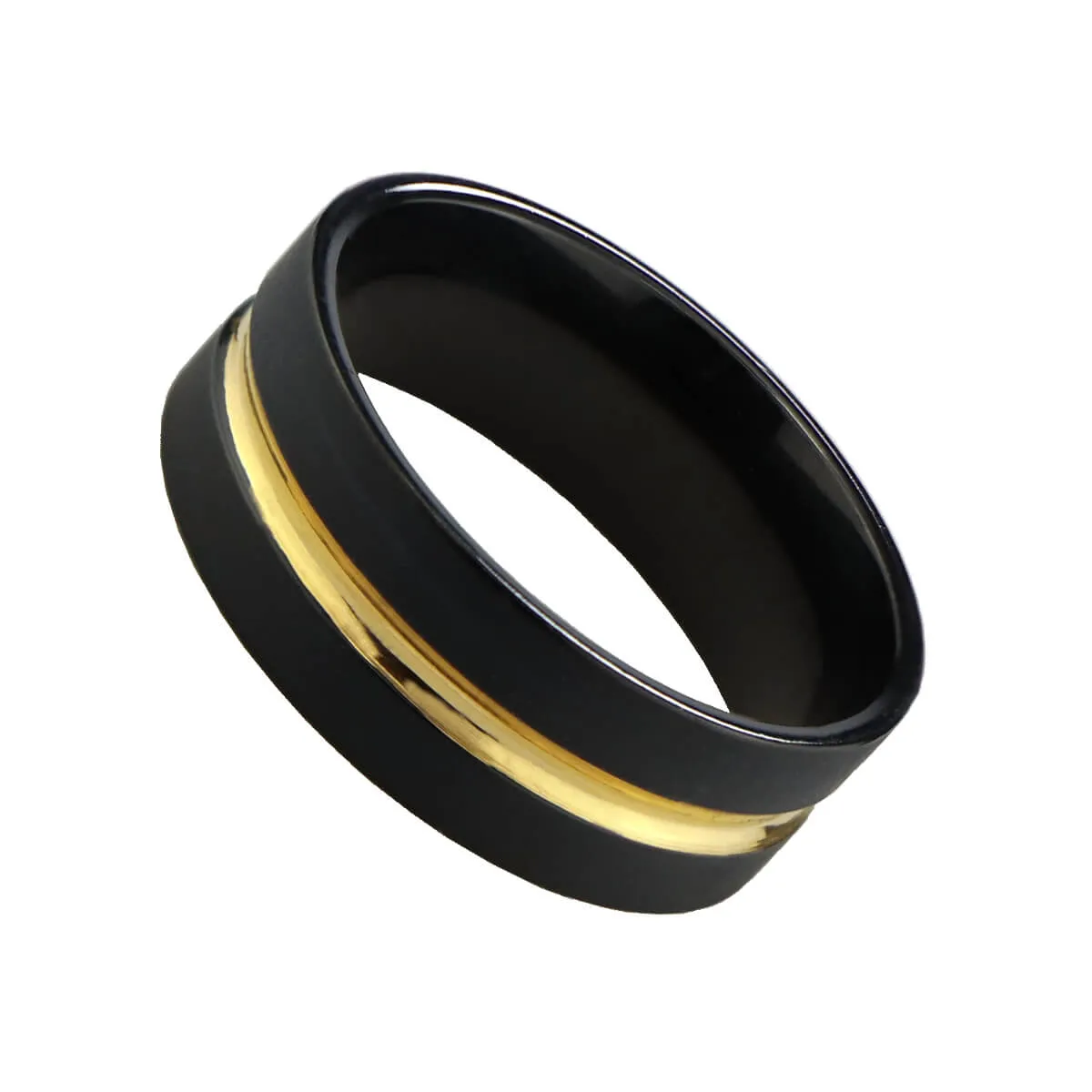 Anel Masculino Aço Pintado com Tinta Preta e Detalhe Dourado