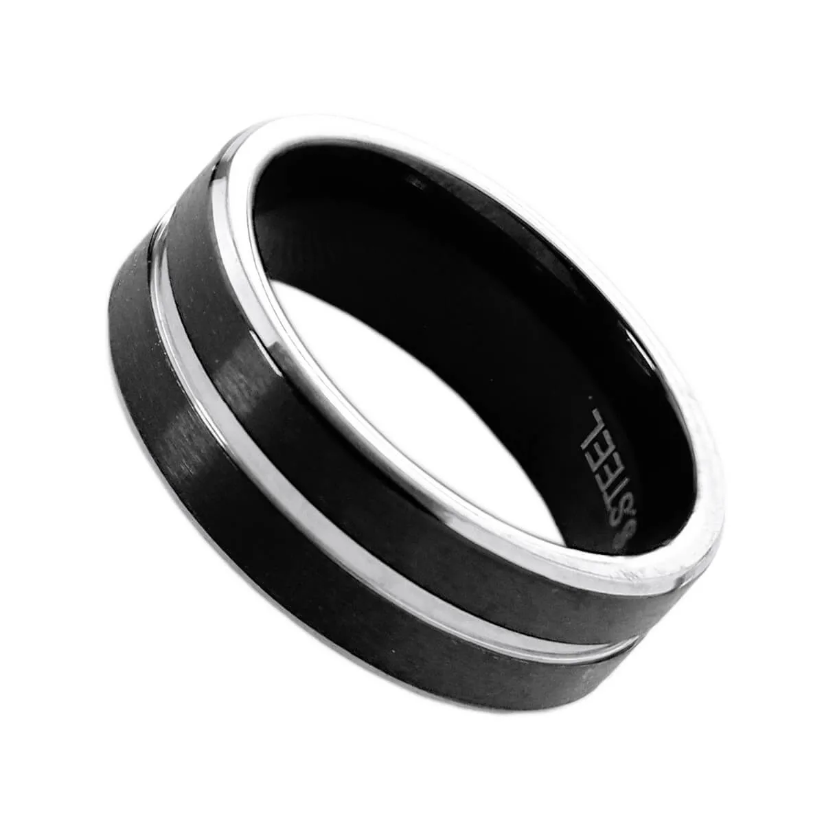 Anel Masculino Aço Pintado com Tinta Preta e Detalhe Prateado