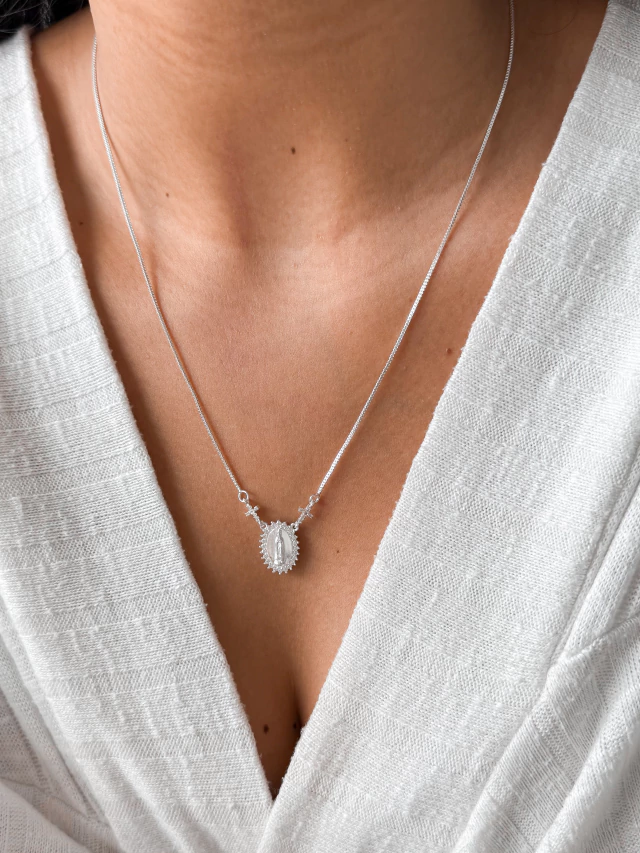 Colar Medalha Oval Nª Senhora Fátima - Prata