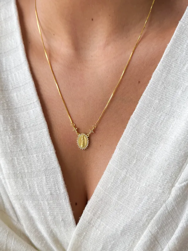 Colar Medalha Oval Nª Senhora Fátima - Dourado