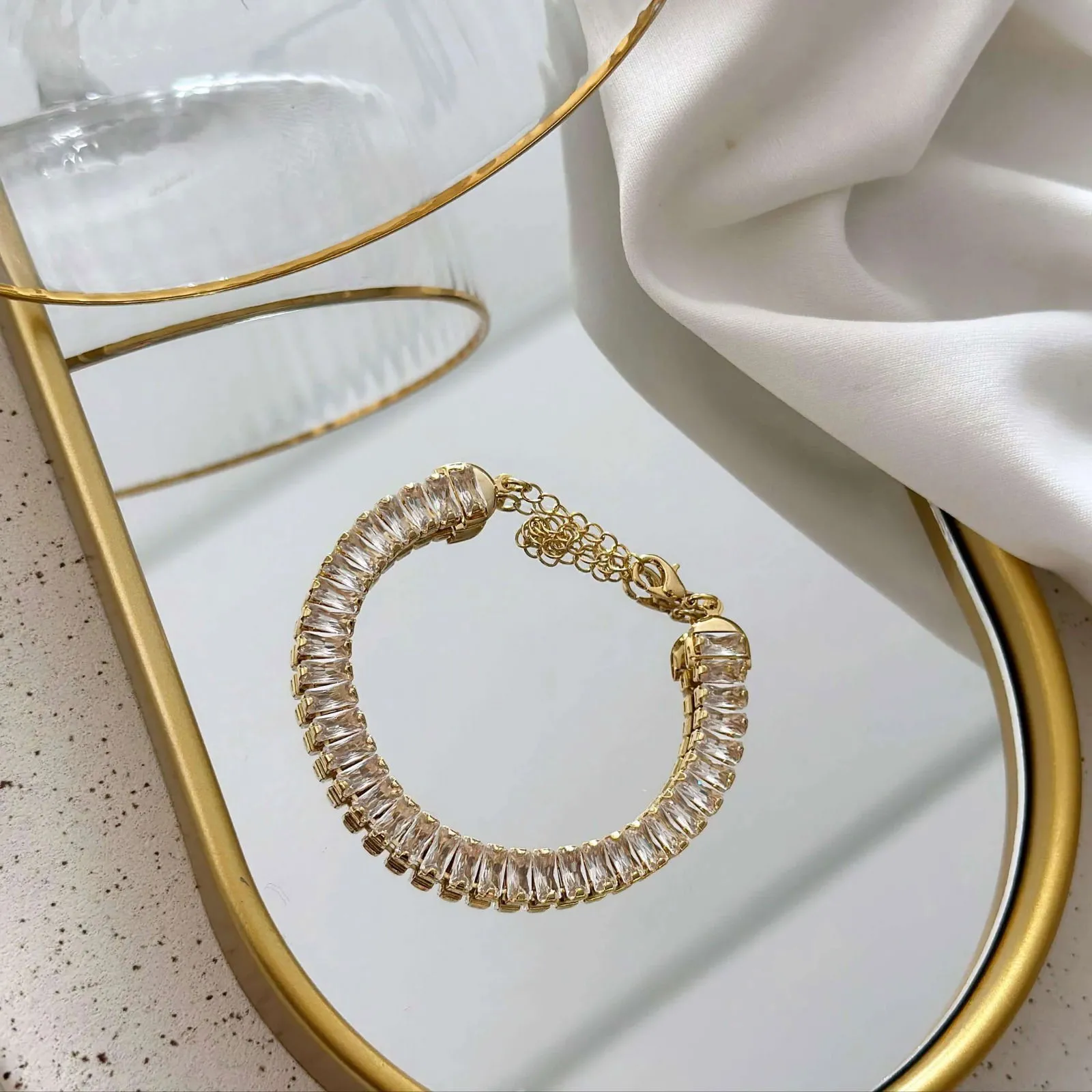 Pulseira Baguete Cristal Folheada Ouro18K